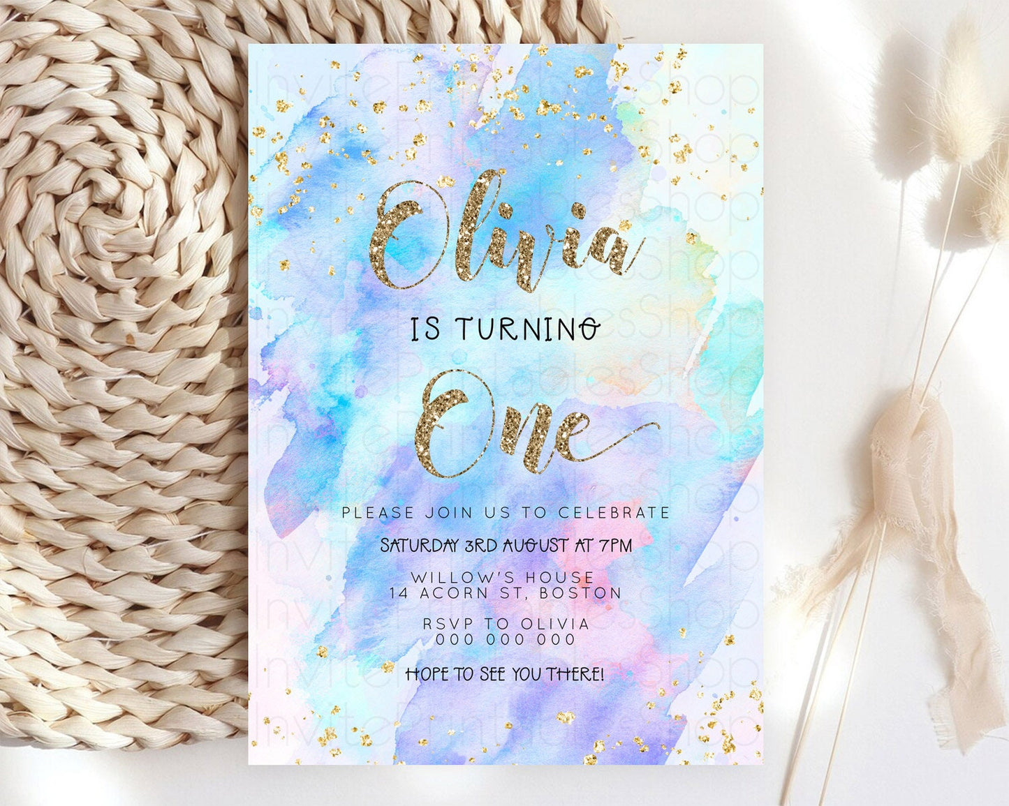 Rainbow Birthday Invitation Colorful Pastel Watercolor Invitation Gold Glitter Sprinkles Ombre Pastel 1st 2nd 3rd Birthday D23292