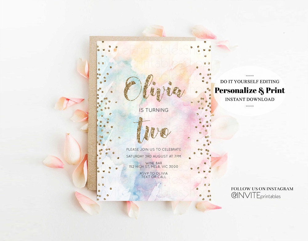 Rainbow Birthday Invitation Colorful Watercolor Gold Glitter Sprinkles Ombre Pastel Invitation 1st 2nd 3rd Printable Editable Invite 455