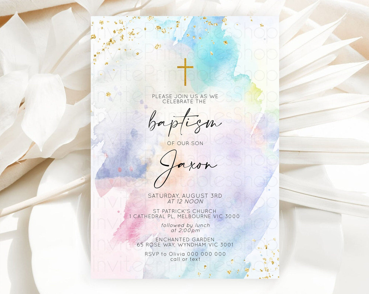 Pastel Baptism Invitation Pastel Colors Watercolor Baptism 1st Birthday Party Gold Ombre Pastel Rainbow Christening Holy Communion D10420