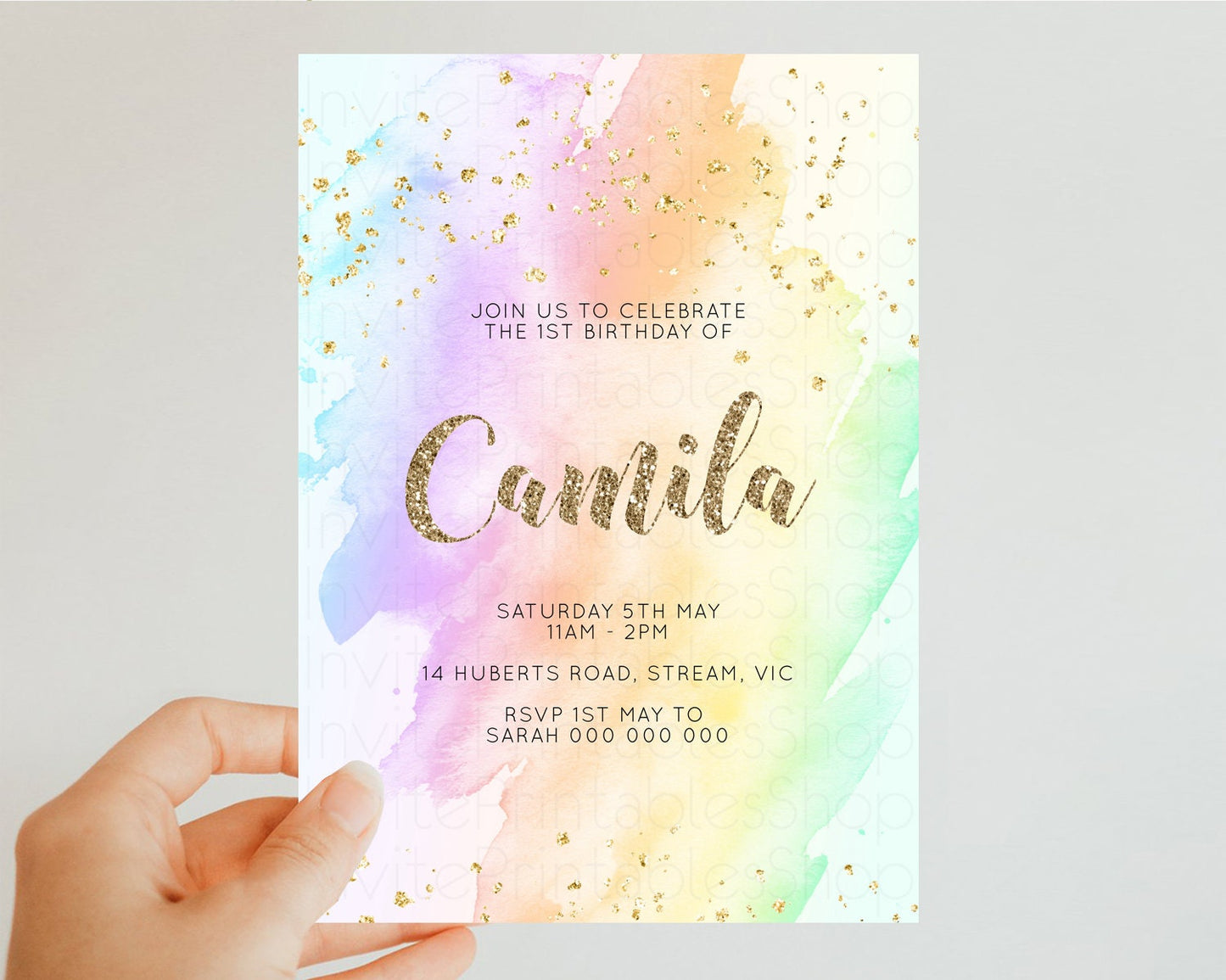 Rainbow Birthday Invitation Glitter Pastel Invitation Colorful Watercolor Gold Foil Splatter Sprinkle Ombre 1st 2nd 3rd Birthday Invite g602