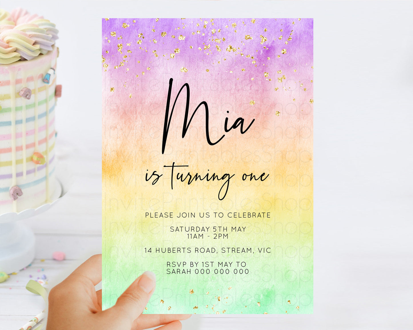 Rainbow Birthday Invitation Colorful Pastel Watercolor Invitation Gold Glitter Sprinkles Ombre Pastel 1st 2nd 3rd Birthday D10514