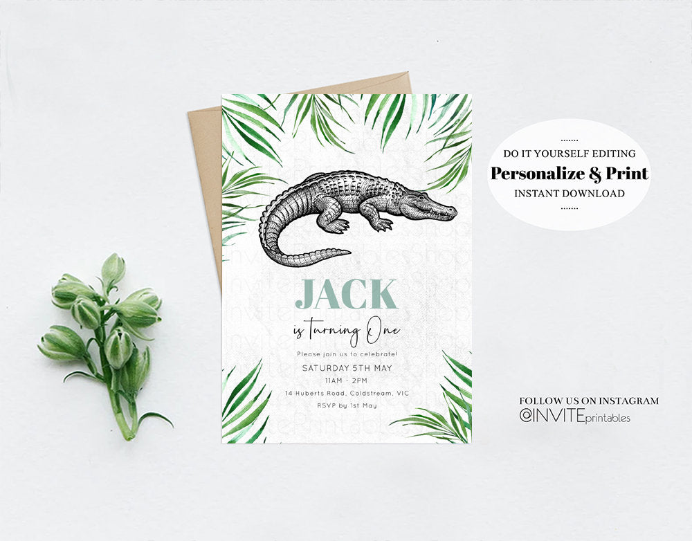 Crocodile Birthday Invitation Alligator Invite Watercolor Tropical Palm Jungle Safari Adventure Zoo Party Wild Party Animal Editable p285