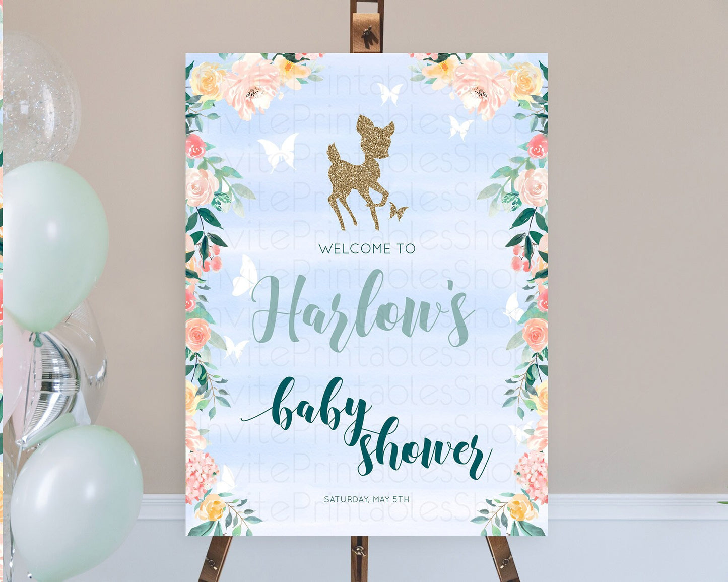 Fawn Baby Shower Welcome Sign Deer Welcome Board Floral Deer Welcome Poster Enchanted Forest Butterfly Pastel Floral Welcome Sign D10875