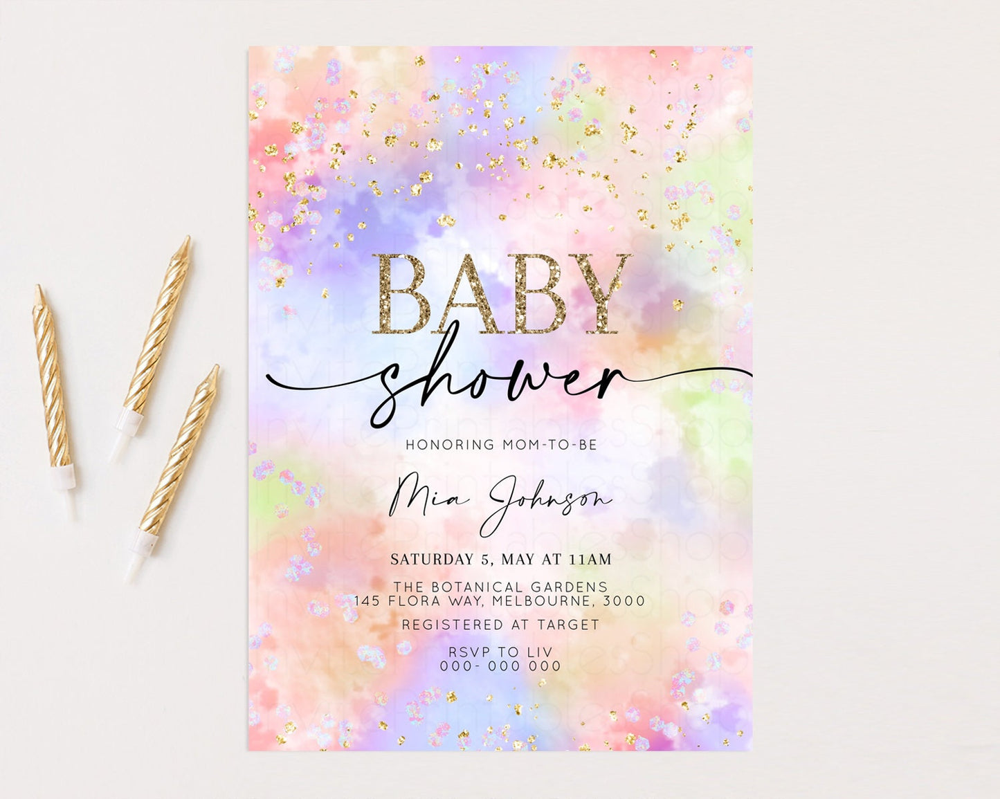 Rainbow Baby Shower Invitation Watercolor Pastel Invitation Colorful Splash Baby Invite Glitter Sprinkles Ombre Clouds Invite Whimsical K589