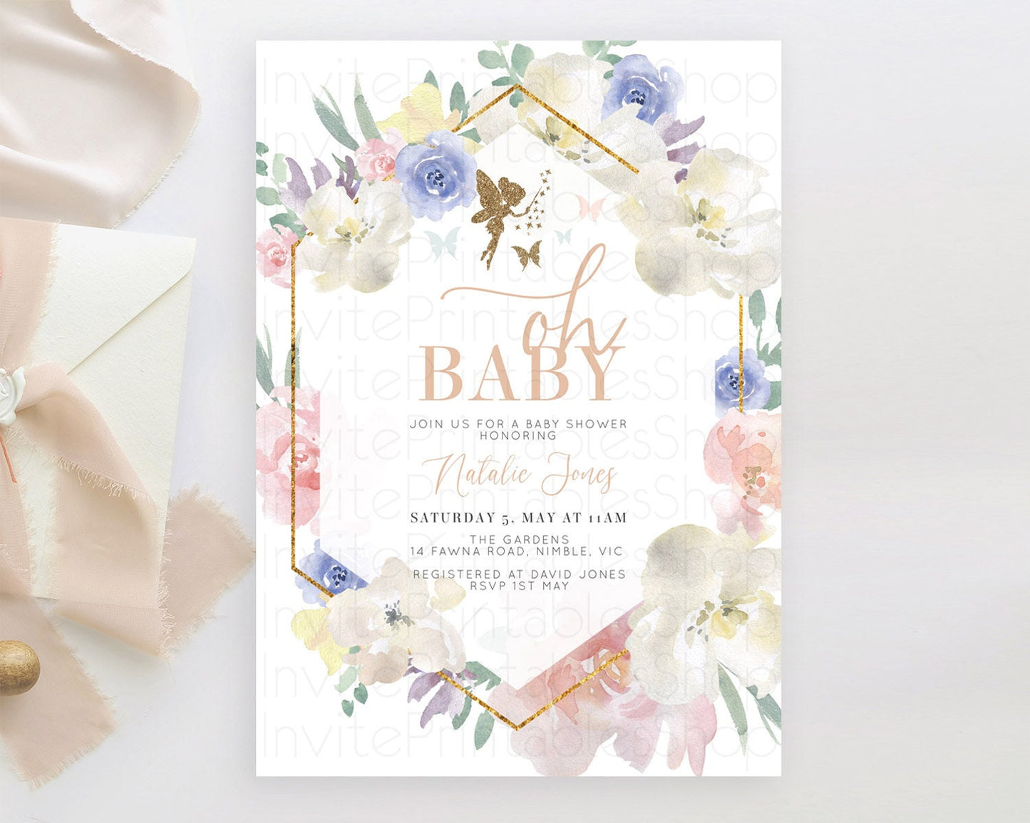 Fairy Baby Shower Invitation Pastel Fairy Invites Fairy Tea Party Fairy Garden Theme Secret Garden Enchanted Garden Floral Butterfly D10829