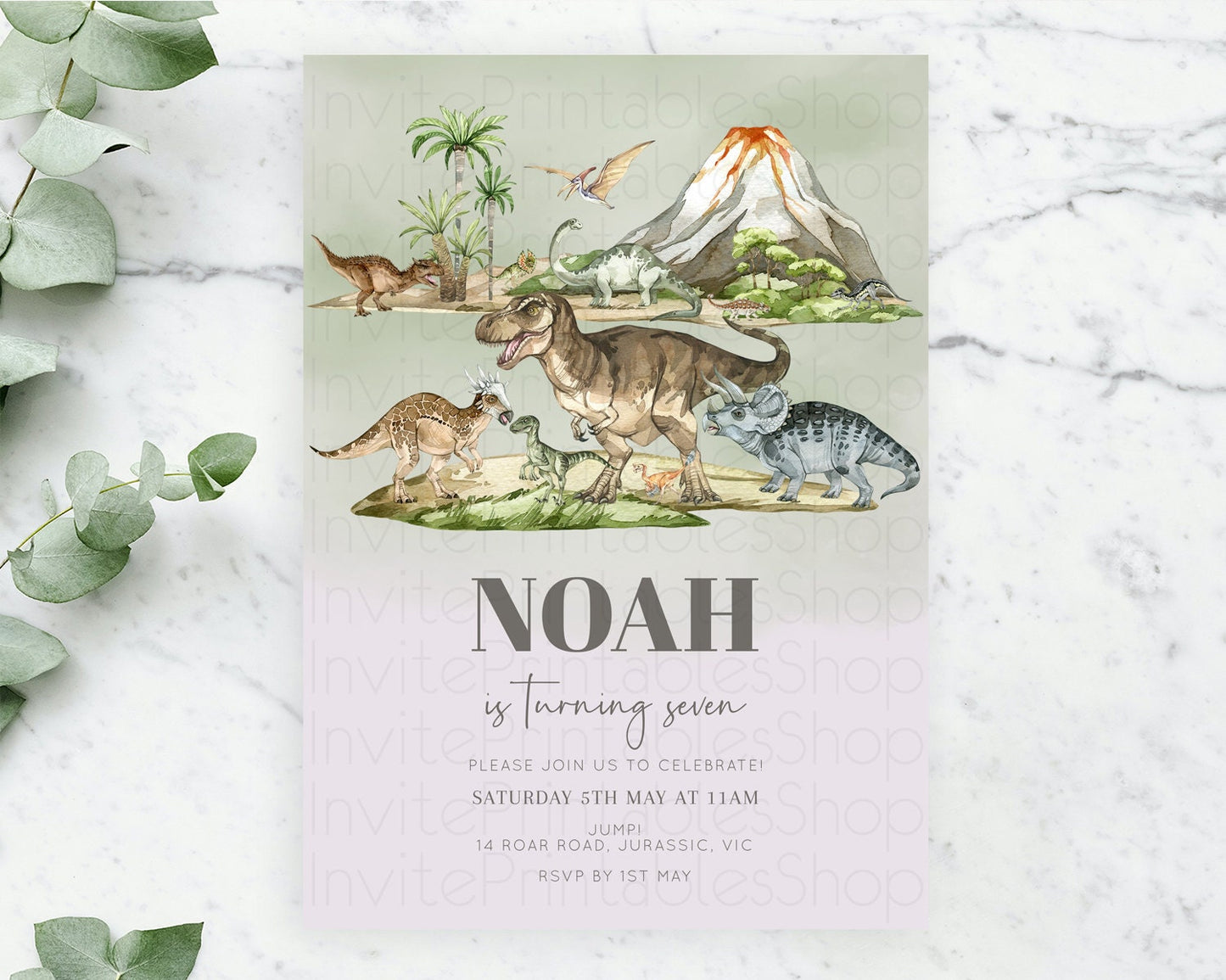 Dinosaur Birthday Invitation Dinosaur Volcano Invitation Watercolor Dinosaur Volcano T-Rex Raptor Jurassic 1st 2nd 3rd Birthday D10671