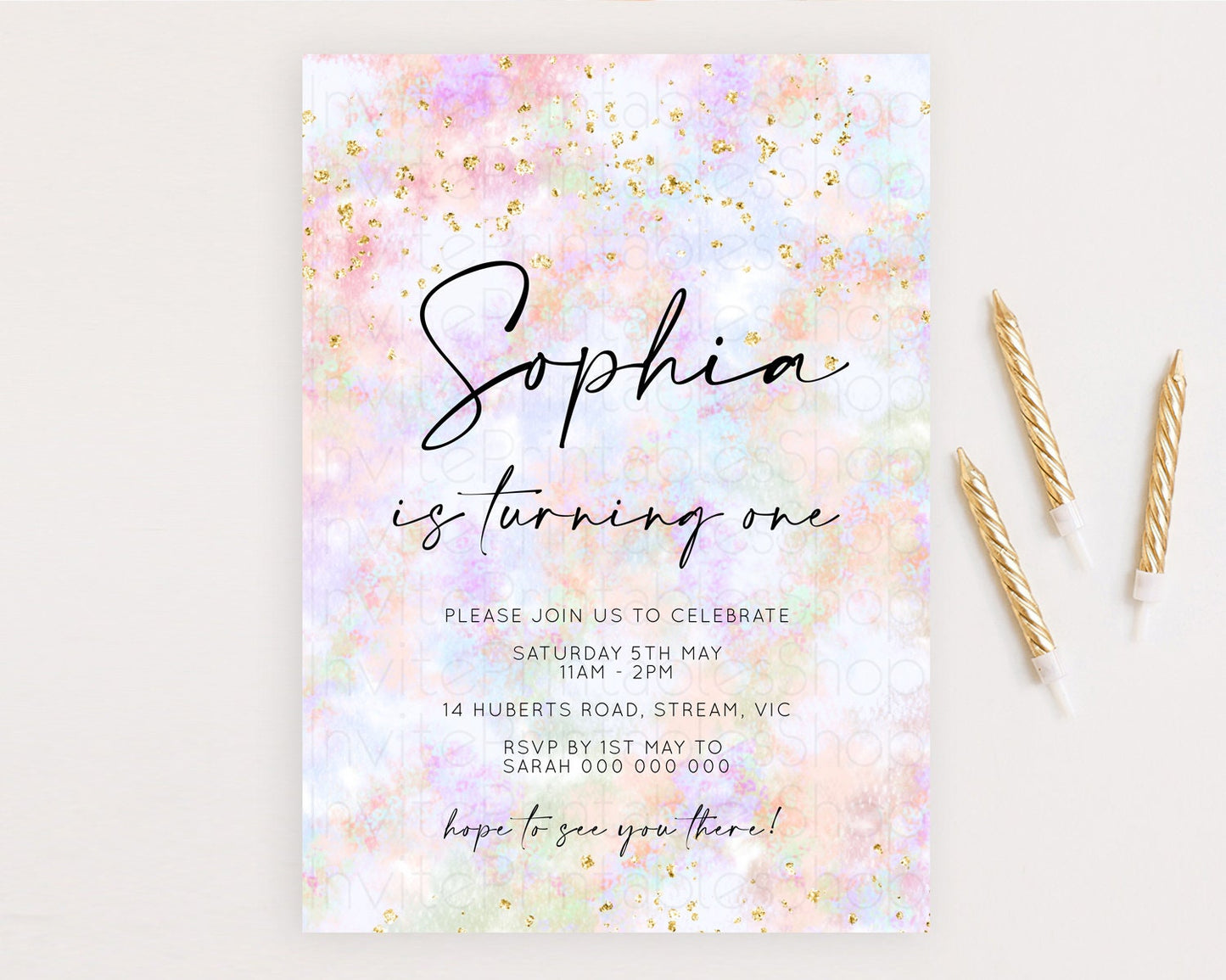 Rainbow Birthday Invitation Colorful Pastel Watercolor Invitation Gold Glitter Sprinkles Ombre Pastel 1st 2nd 3rd Birthday D10649