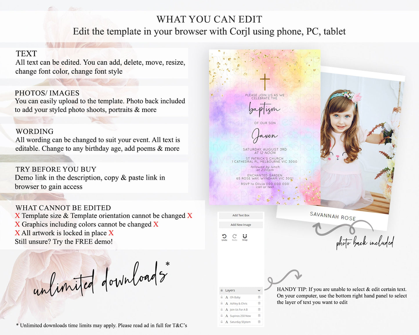 Pastel Baptism Invitation Pastel Colors Watercolor Baptism 1st Birthday Party Gold Ombre Pastel Rainbow Christening Holy Communion D10438