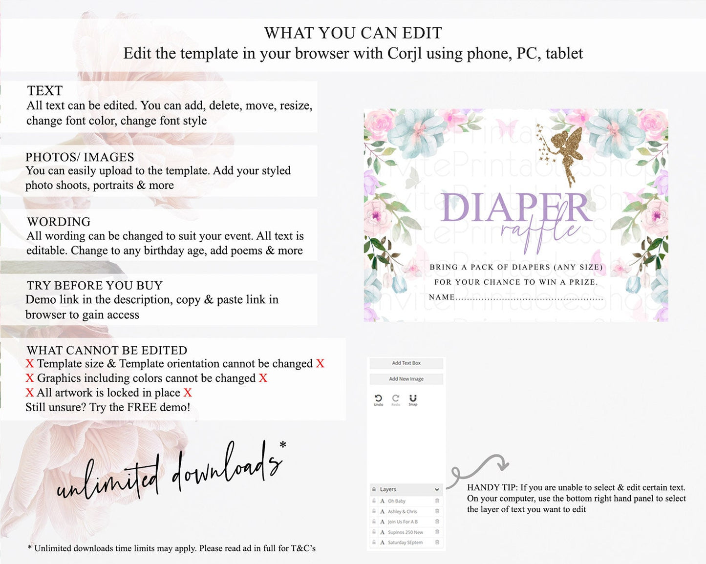 Fairy Diaper Raffle Card Fairy Diaper Insert Enchanted Garden Fairy Diaper Ticket Pastel Floral Butterfly Secret Garden Raffle Game D10475