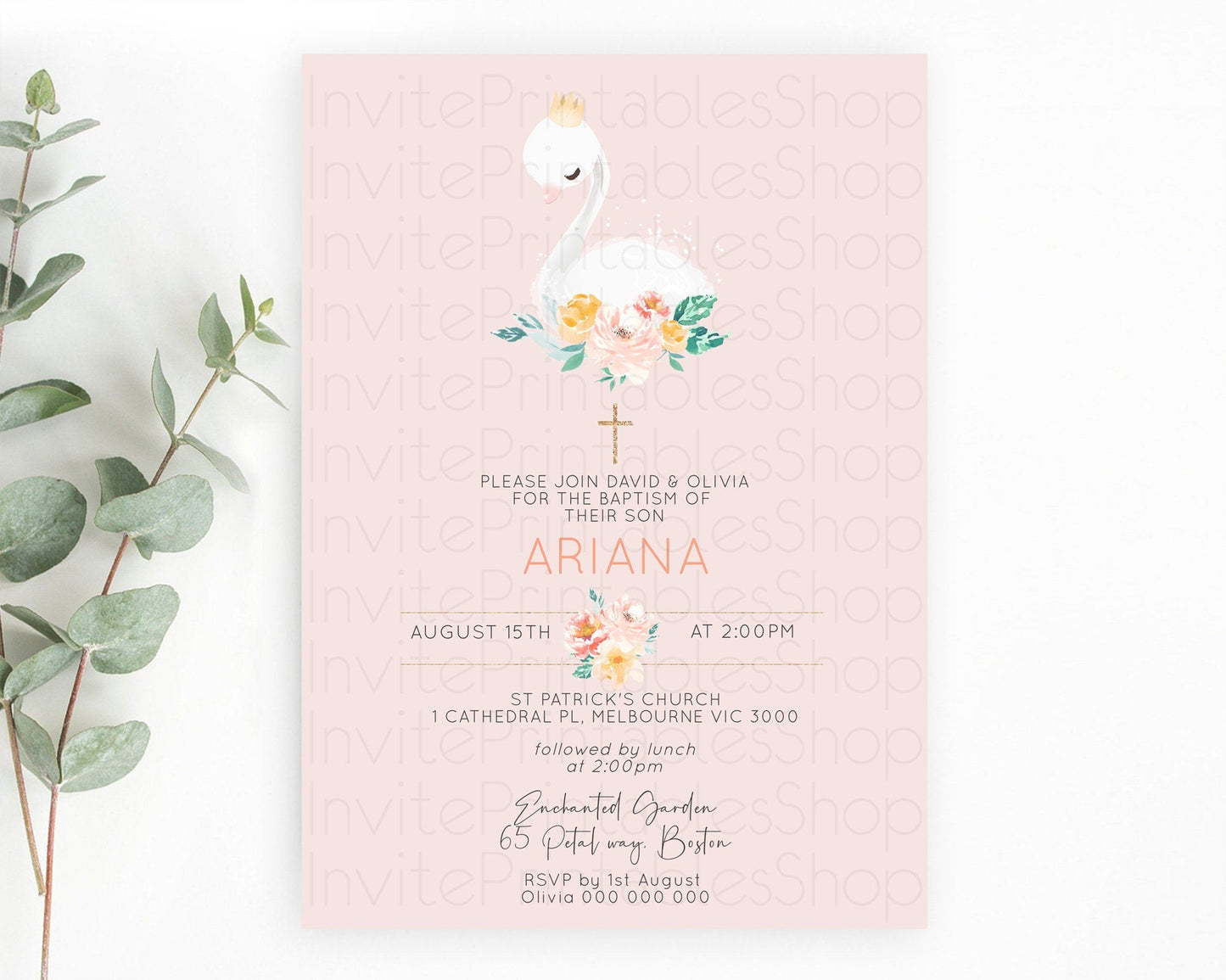 Swan Lake Baptism Invitation Swan Princess Ballet Baptism 1st Birthday Enchanted Forest Secret Garden Watercolour Pastel Floral D10388