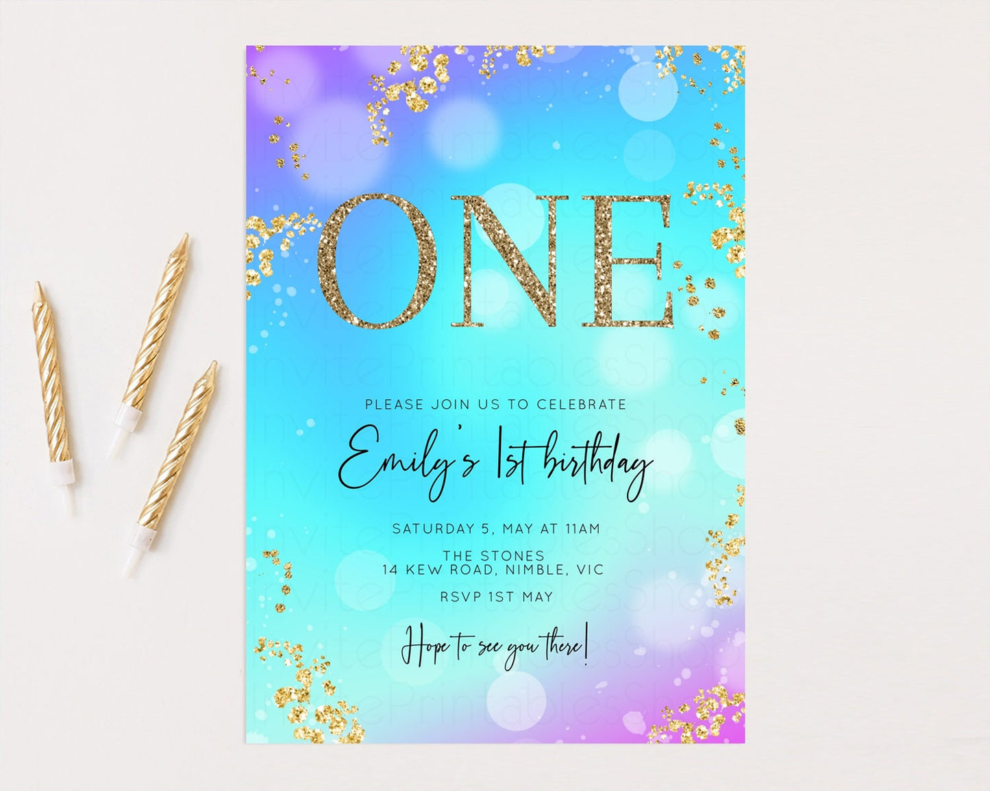 Bright Blue Purple Birthday Invitation Underwater Birthday Invitation Ombre Blue Invite Watercolor Invite Glitter Mermaid Invite 572