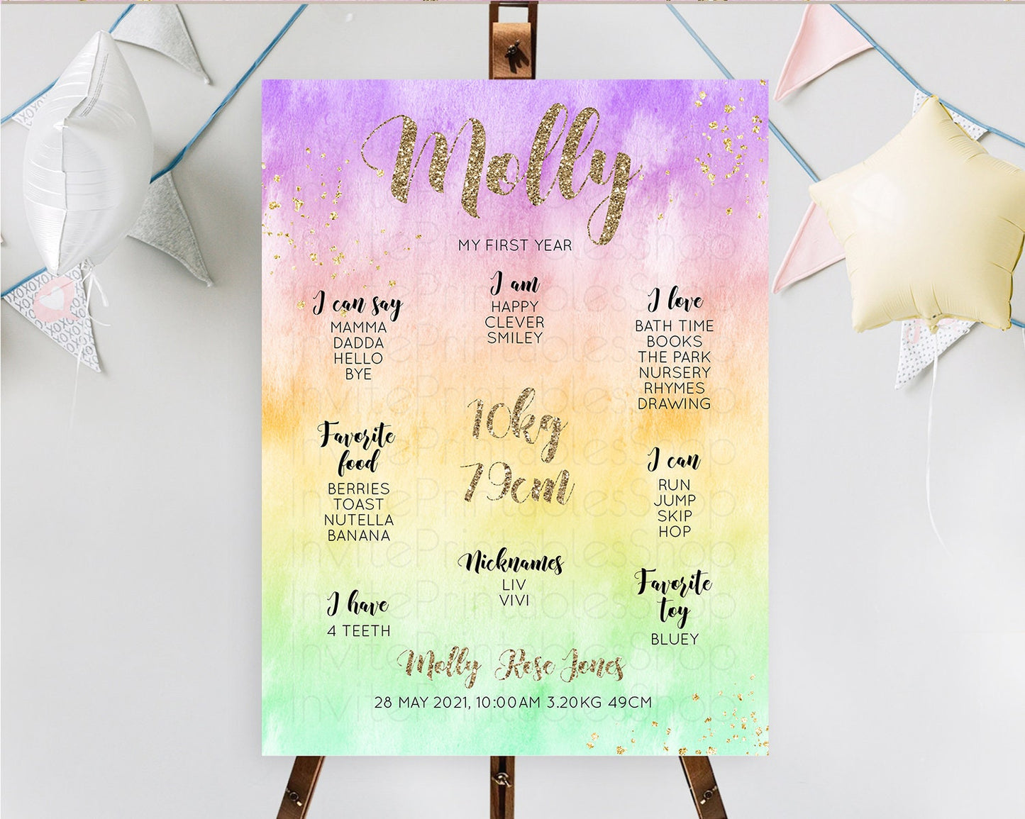 Pastel First Birthday Milestone Board Pastel Rainbow Milestone Poster Colorful Confetti Watercolor Glitter 1st Birthday Welcome Sign D10512