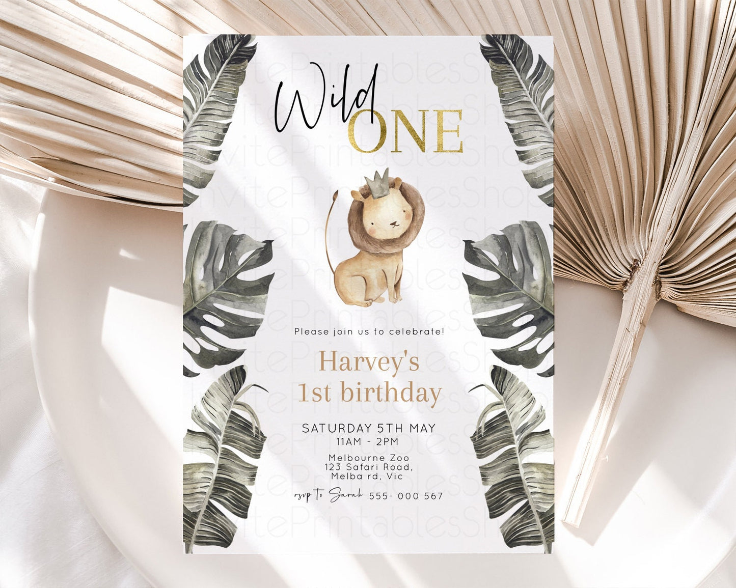 Lion Birthday Invitation Lion 1st Birthday Invite Lion Cub Invitation Lion Safari Invite Wild One Invite Zoo Party Jungle Palm Leaf 584