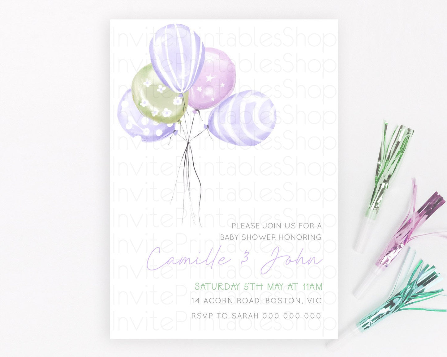 Pastel Purple Balloon Baby Shower Invitation Pastel Balloon Invitation Pastel Purple Green Invitation Balloon Baby Shower Theme d23103
