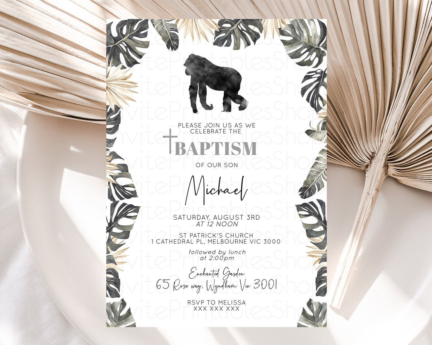Gorilla Baptism Invitation Gorilla Baptism 1st Birthday Invitation Gorilla Jungle Adventure Christening Invitation Wild Zoo Theme D10804