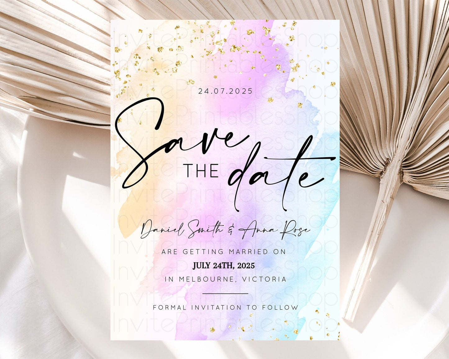Pastel Save The Date Template Pastel Ombre Rainbow Watercolor Colorful Party For Birthday Baptism Baby Shower Wedding Bridal Shower D10175