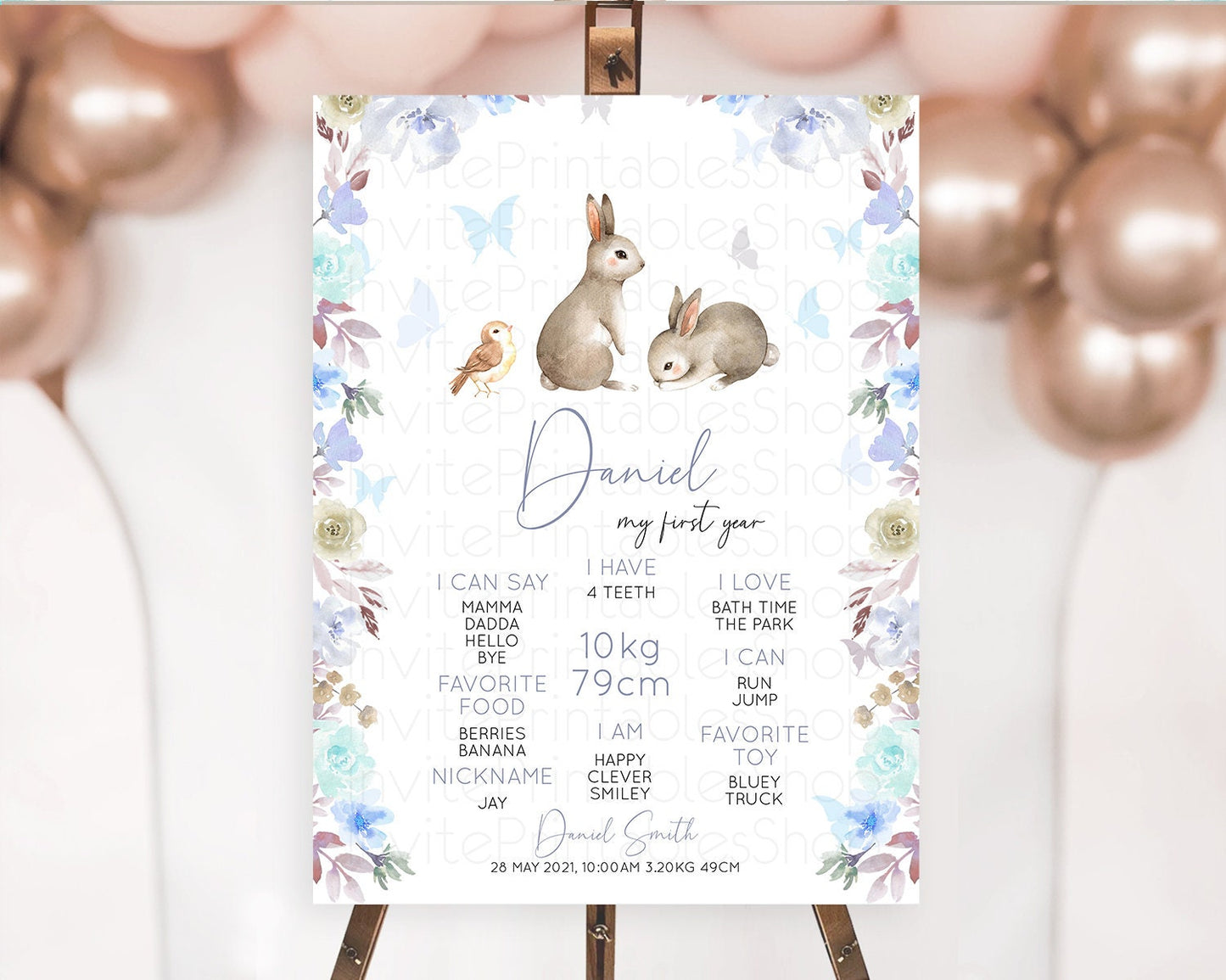 Bunny First Birthday Milestone Board Floral Bunny Milestone Poster Pastel Flowers Woodland Bunny Milestone 1st Birthday Welcome Sign D10927