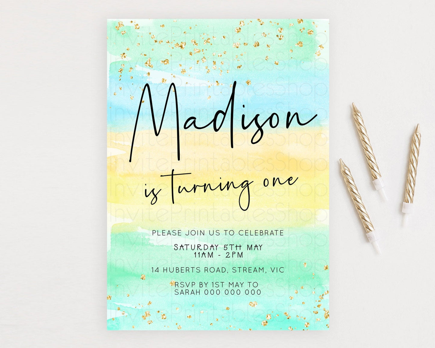 Pastel Birthday Invitation Ombre Watercolor Birthday Invitation Glitter Rainbow Color Splash 1st 2nd 3rd Birthday Invitation D23038