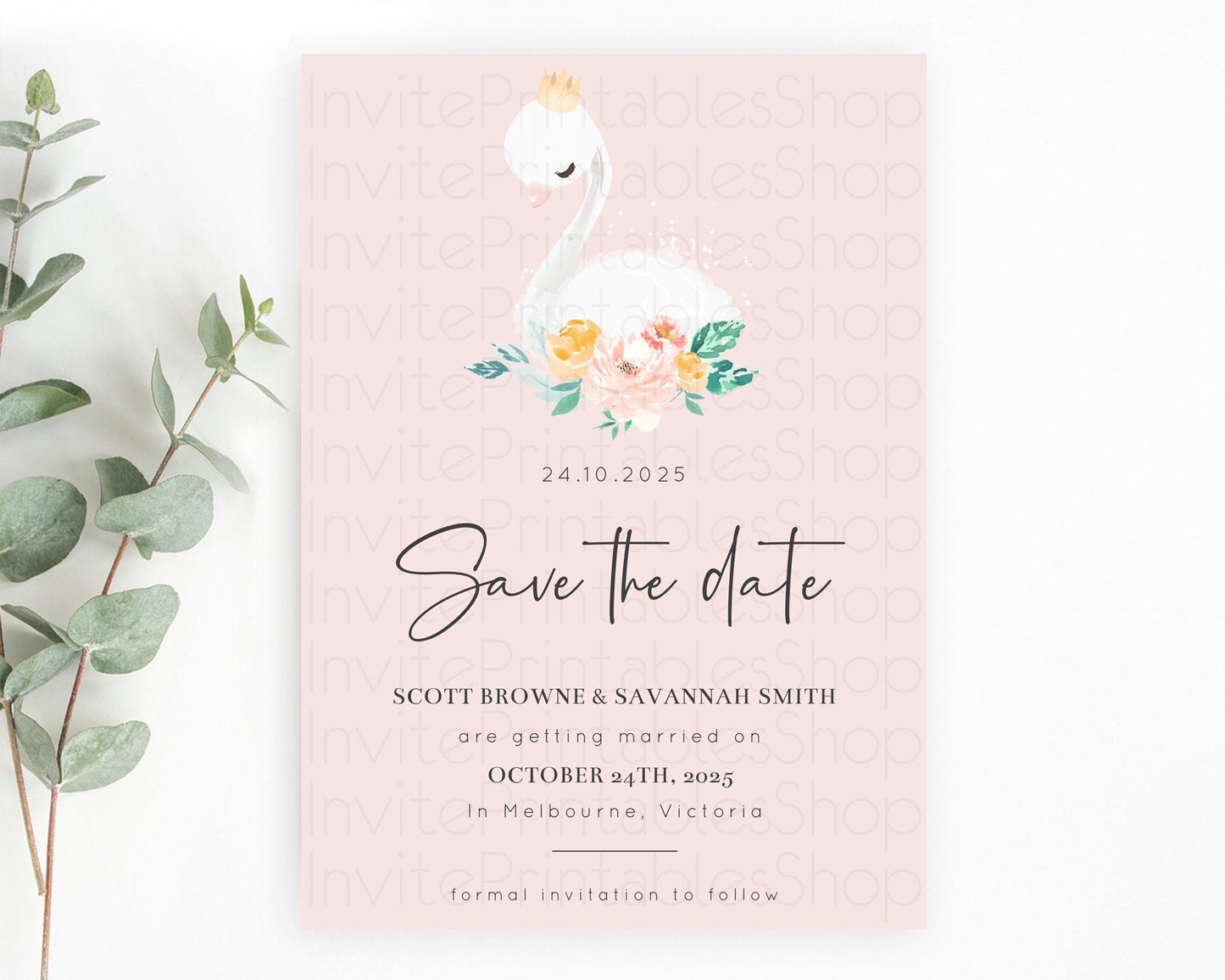 Swan Save The Date Template Swan Princess Ballet Party Enchanted Swan Lake Secret Garden Pastel Floral Birthday Baptism Baby Shower  D10388