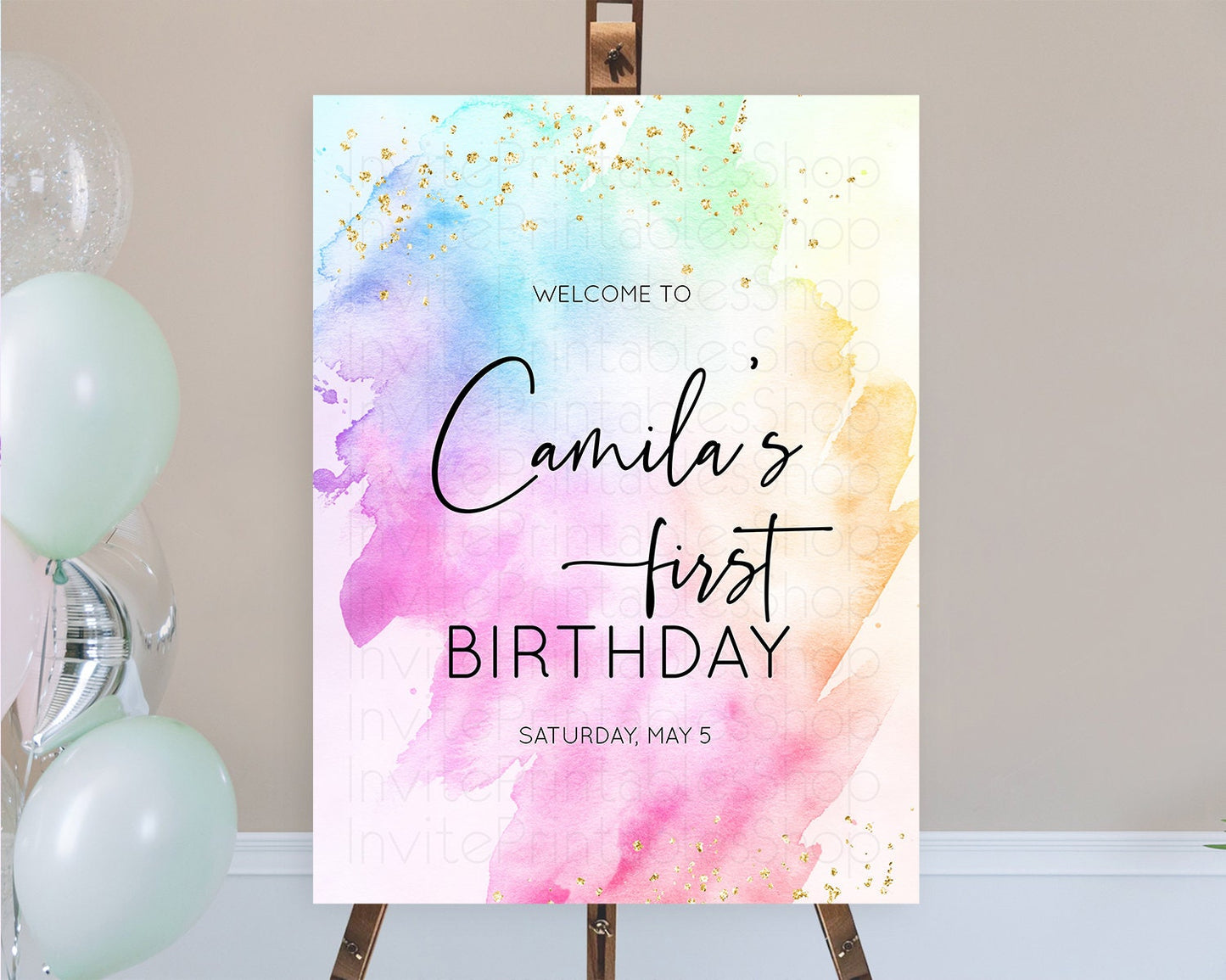 Pastel Welcome Sign Pastel Rainbow Welcome Sign Colorful Rainbow Confetti Watercolor Glitter Pastel First Birthday Welcome Sign D10449