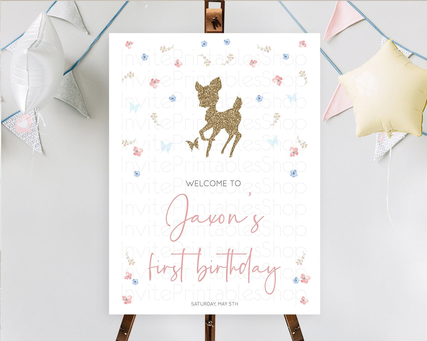 Fawn Welcome Sign Deer Welcome Board Floral Deer Welcome Poster Enchanted Forest Butterfly Pastel Floral First Birthday Welcome Sign D10359