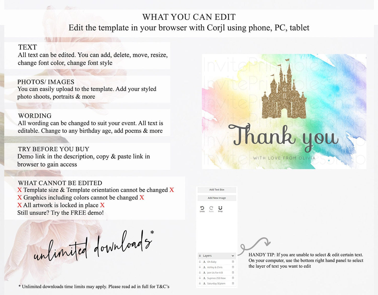 Princess Thank You Pastel Princess Thank You Card Pastel Rainbow Thank You Cards Colorful Enchanted Castle Teacher Thank You Cards D10833