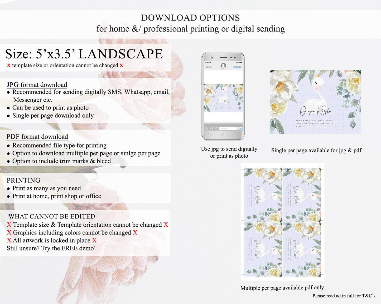 Swan Diaper Raffle Card Swan Princess Ballet Diaper Raffle Insert Enchanted Swan Lake Diaper Ticket Secret Garden Floral Raffle Game D10756