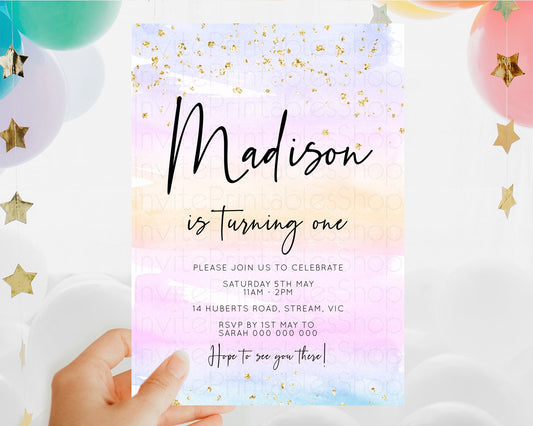 Rainbow Birthday Invitation Colorful Pastel Watercolor Invitation Gold Glitter Sprinkles Ombre Pastel 1st 2nd 3rd Birthday D10594