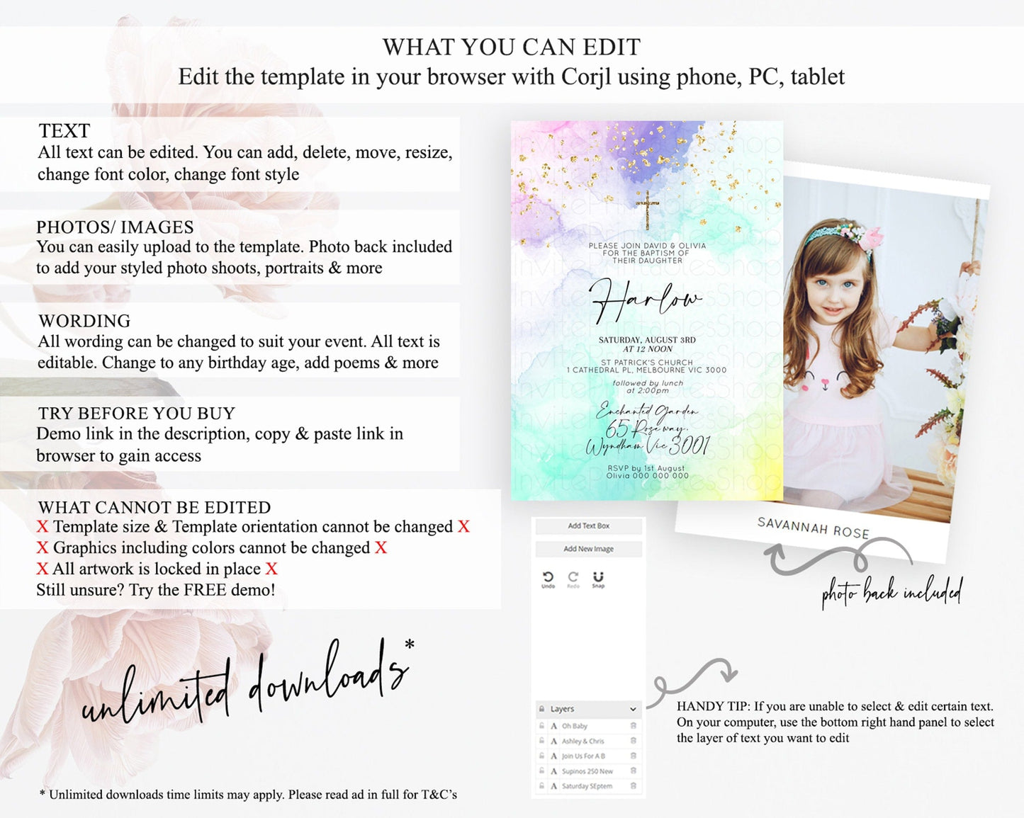 Pastel Baptism Invitation Pastel Colors Watercolor Baptism 1st Birthday Party Gold Ombre Pastel Rainbow Christening Holy Communion D10157