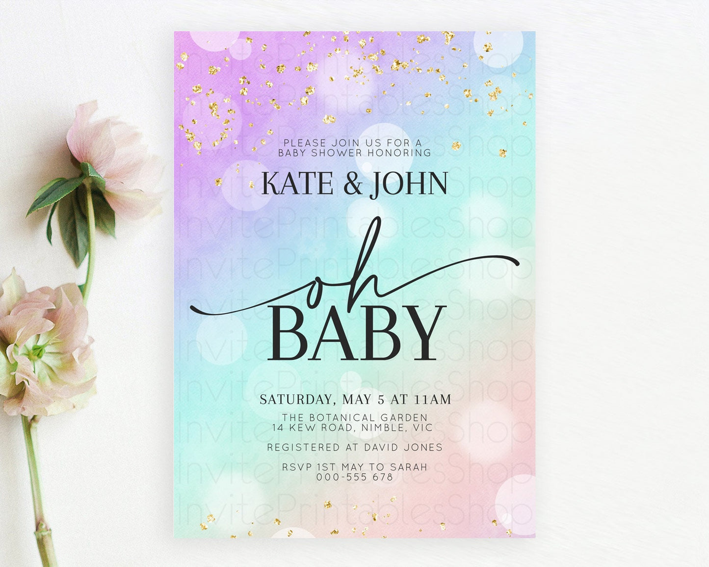 Pastel Baby Shower Invitation Rainbow Baby Shower Invitation Colorful Pastel Watercolor Invitation Gold Glitter Sprinkles Ombre D10618