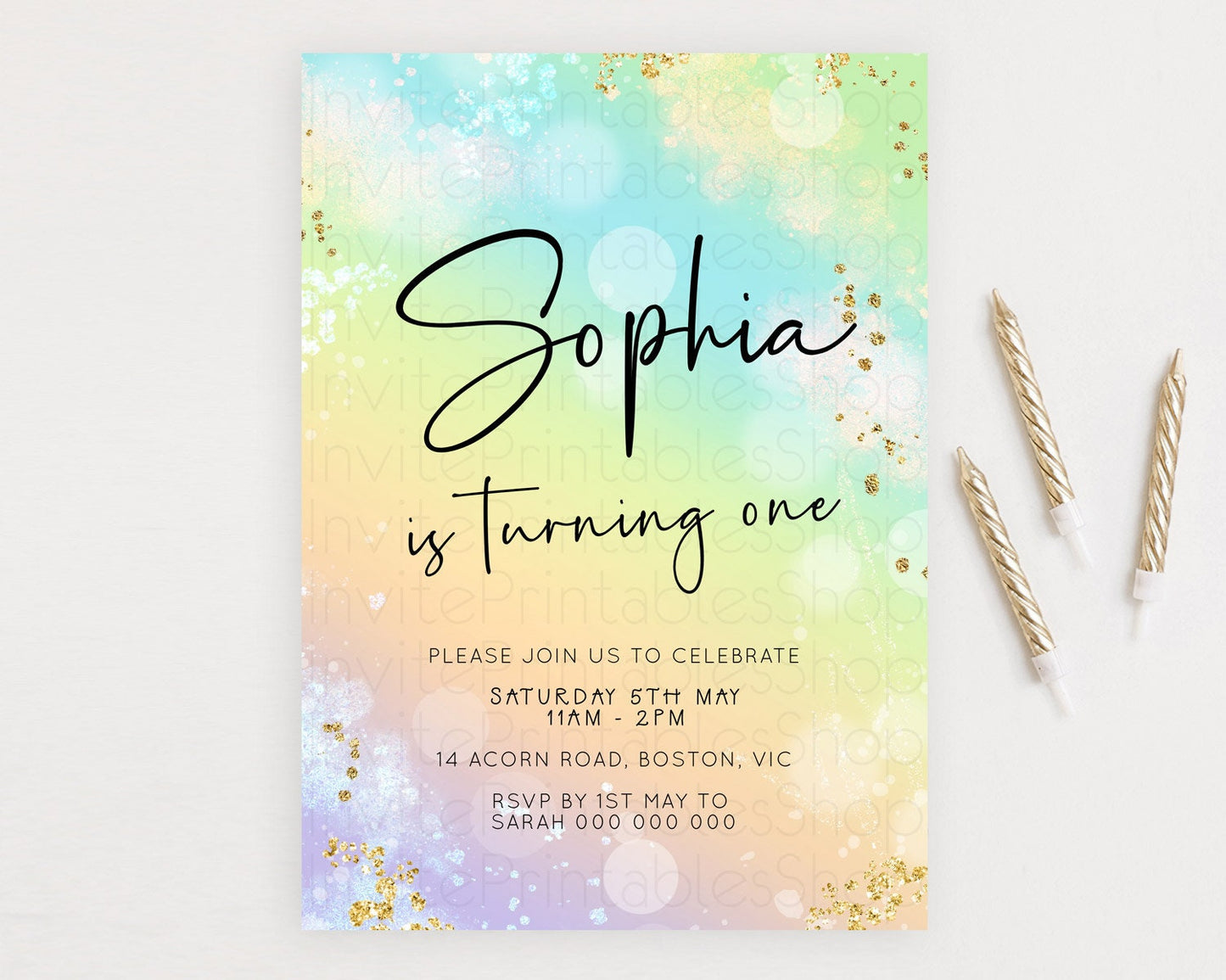 Pastel Birthday Invitation Ombre Watercolor Birthday Invitation Glitter Rainbow Color Splash 1st 2nd 3rd Birthday Invitation D23101