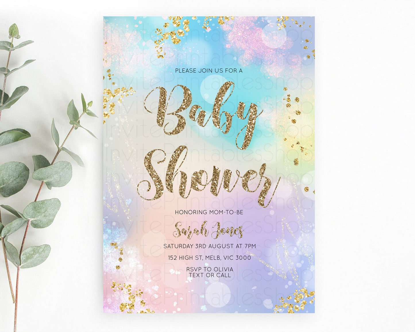 Pastel Rainbow Baby Shower Invitation, Pastel Watercolor with Iridescent & Gold Glitter Sprinkles - Colorful Blue, Purple, Yellow D10677