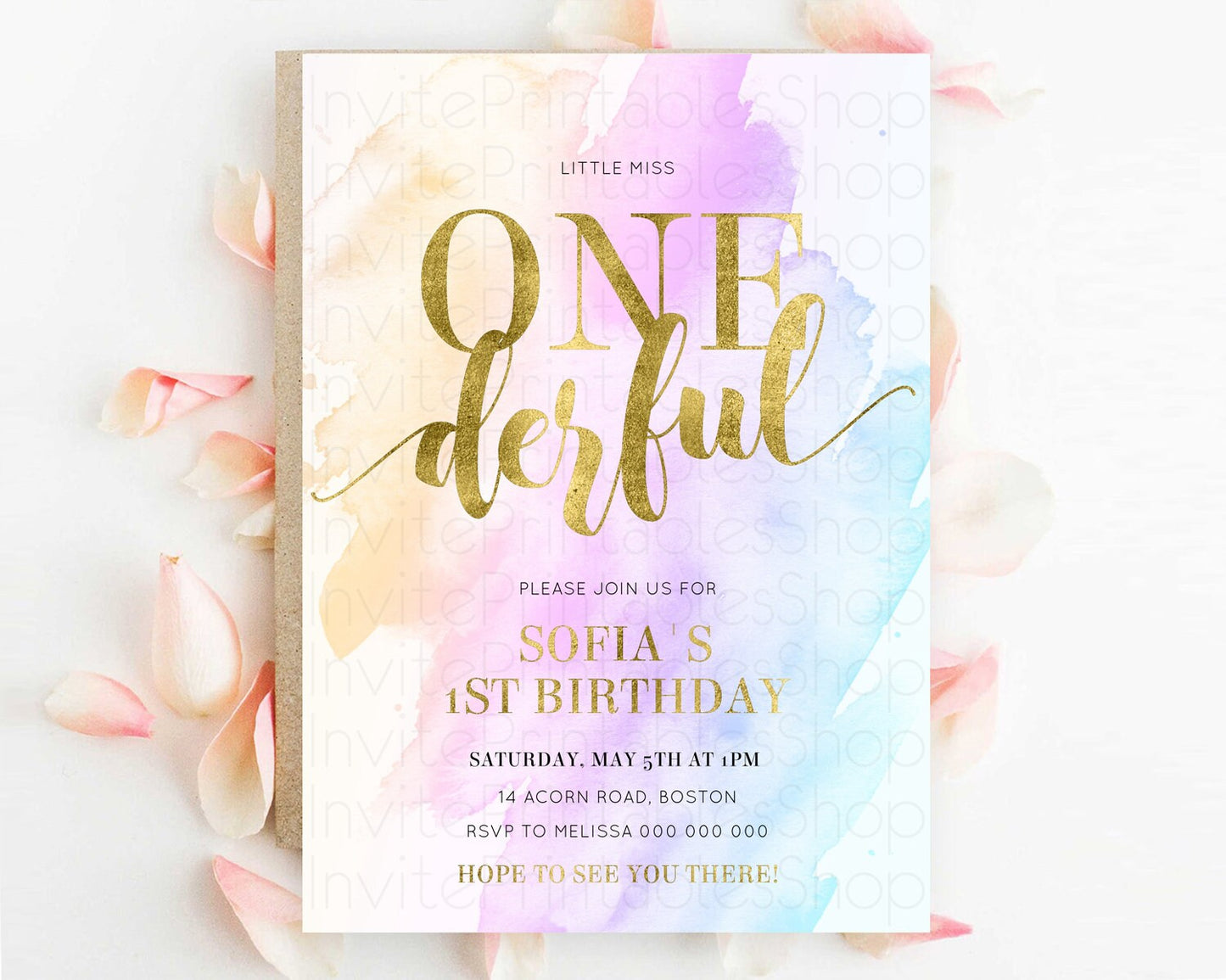 ONEderful Rainbow Birthday Invitation Colorful Pastel Watercolor Invitation Gold Glitter Sprinkles Ombre Pastel 1st Birthday D11027