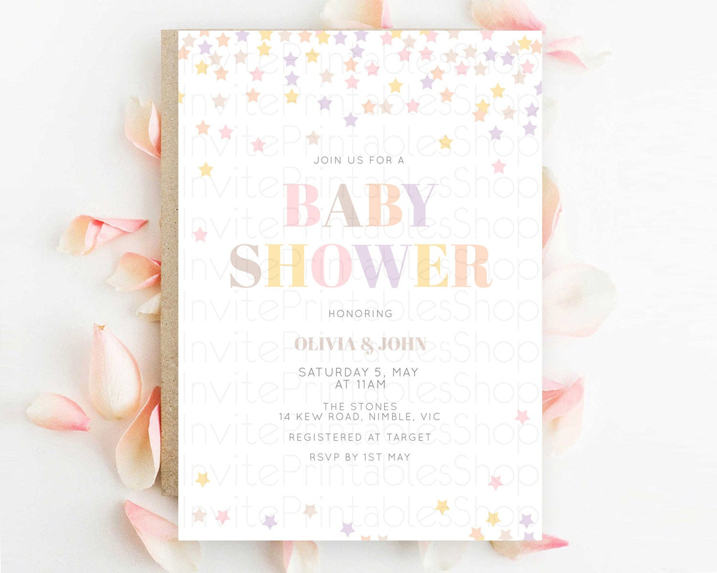 Twinkle Star Baby Shower Invitation, Pastel Colorful Sprinkles, Rainbow Confetti Stars - Purple, Yellow Orange Theme Gender Reveal D10810