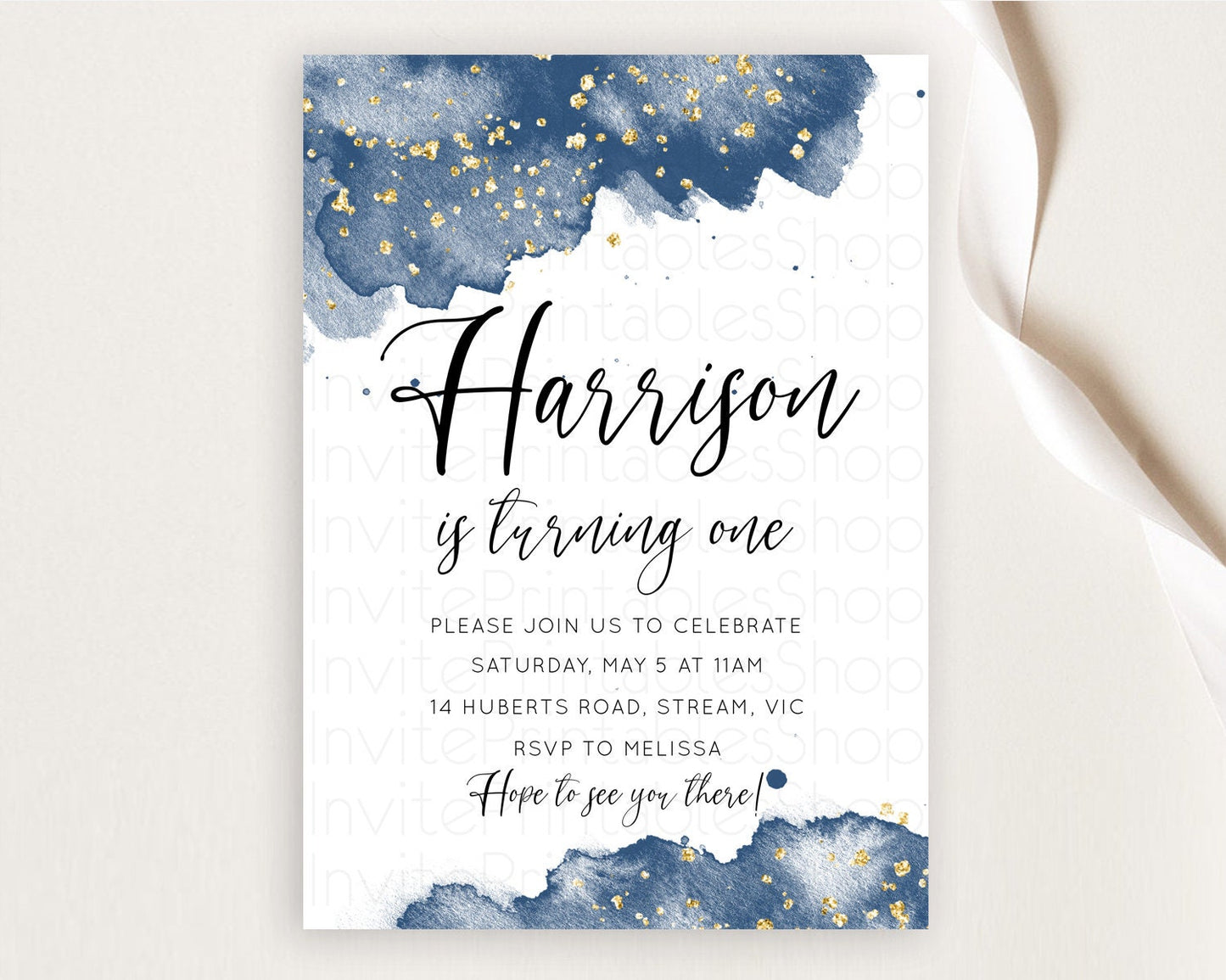 Blue Birthday Invitation Blue Watercolor Invitation Pastel Blue Watercolor Invitation Blue Splash Gold Invitation 1st First Birthday D10312