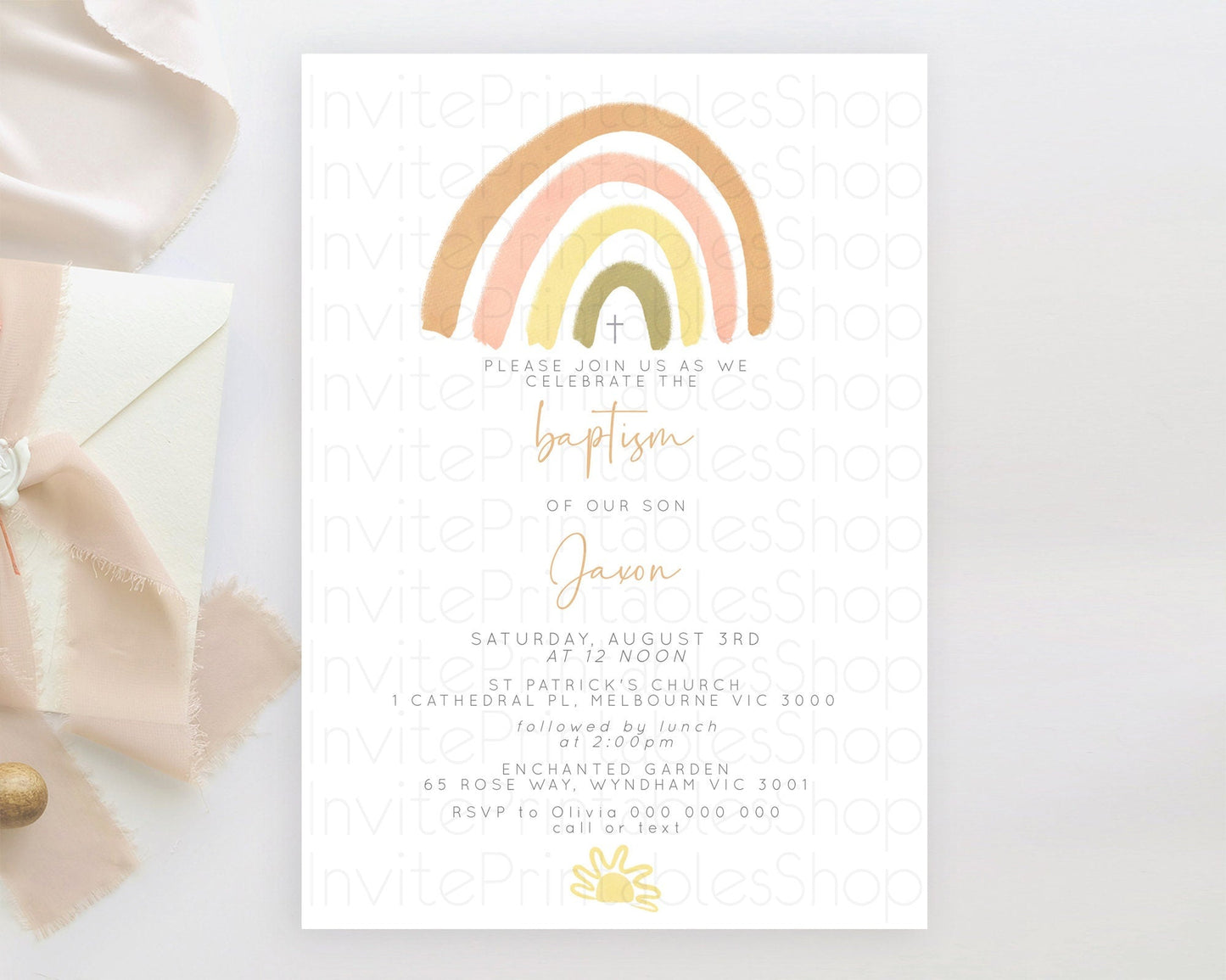 Pastel Rainbow Baptism Invitation Boho Rainbow Baptism 1st Birthday Invitation Rainbow Pastel Watercolor Christening Invitation D10684