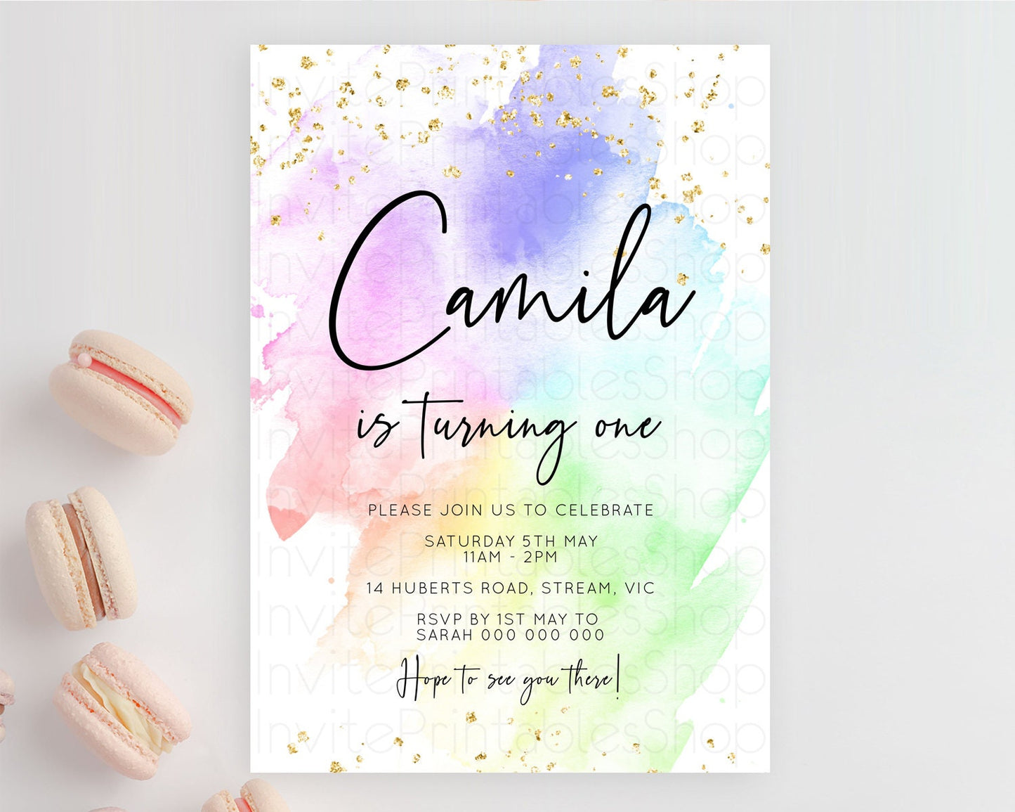 Rainbow Birthday Invitation Colorful Pastel Watercolor Invitation Gold Glitter Sprinkles Ombre Pastel 1st 2nd 3rd Birthday D10316