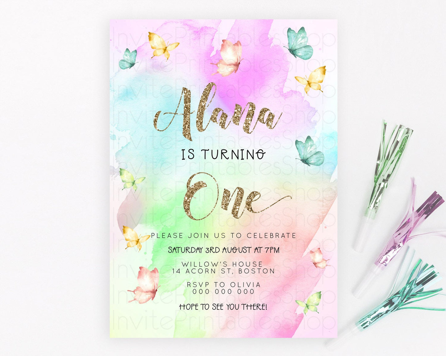 Pastel Butterfly Birthday Invitation Butterfly Birthday Invitation Colorful Splash Glitter Butterfly Garden 1st 2nd Birthday D23256