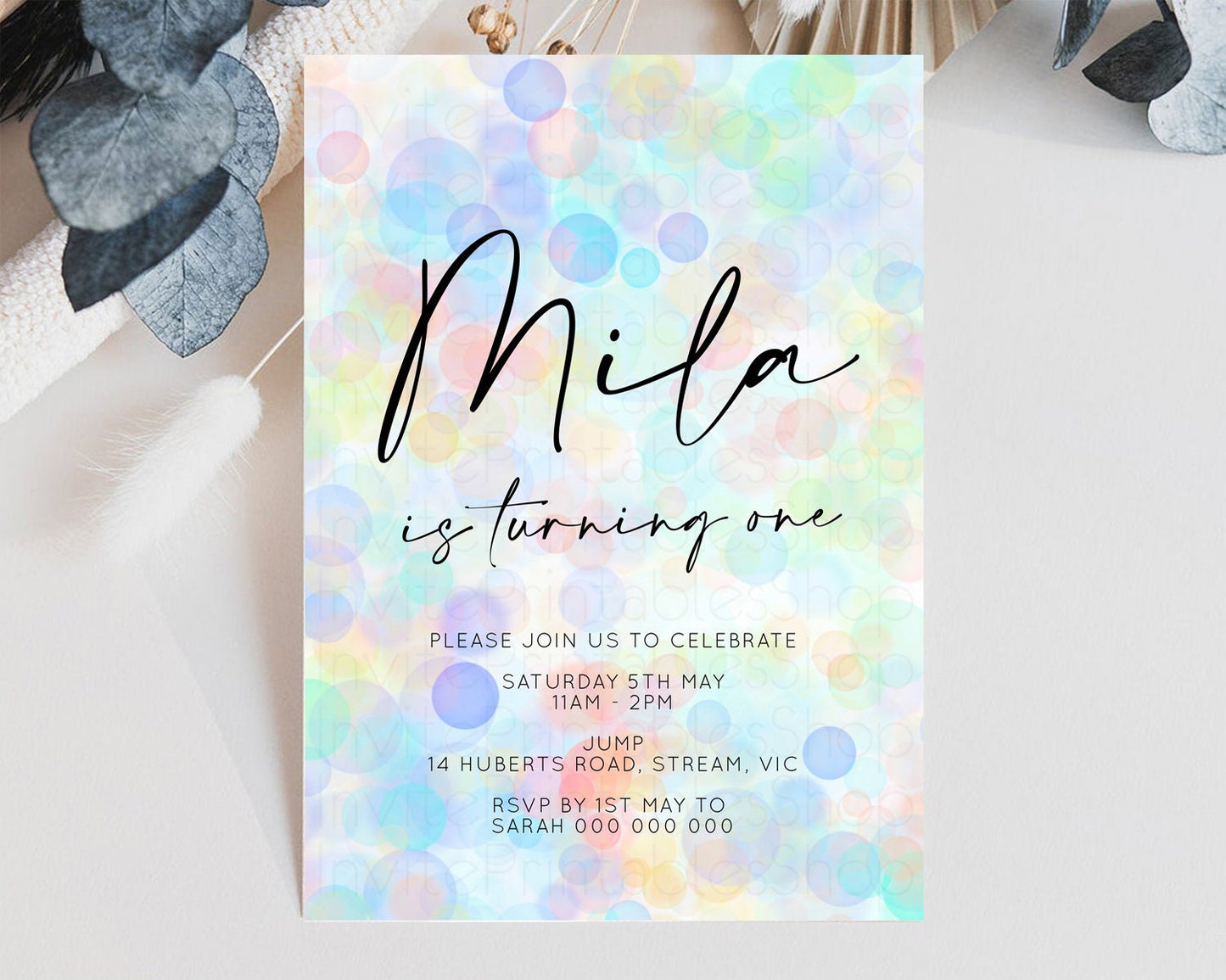 Rainbow Birthday Invitation Pastel Birthday Invitation Rainbow Confetti Invite Colorful Bubbles Invitation Rainbow Sprinkle 1st 2nd 3rd T500