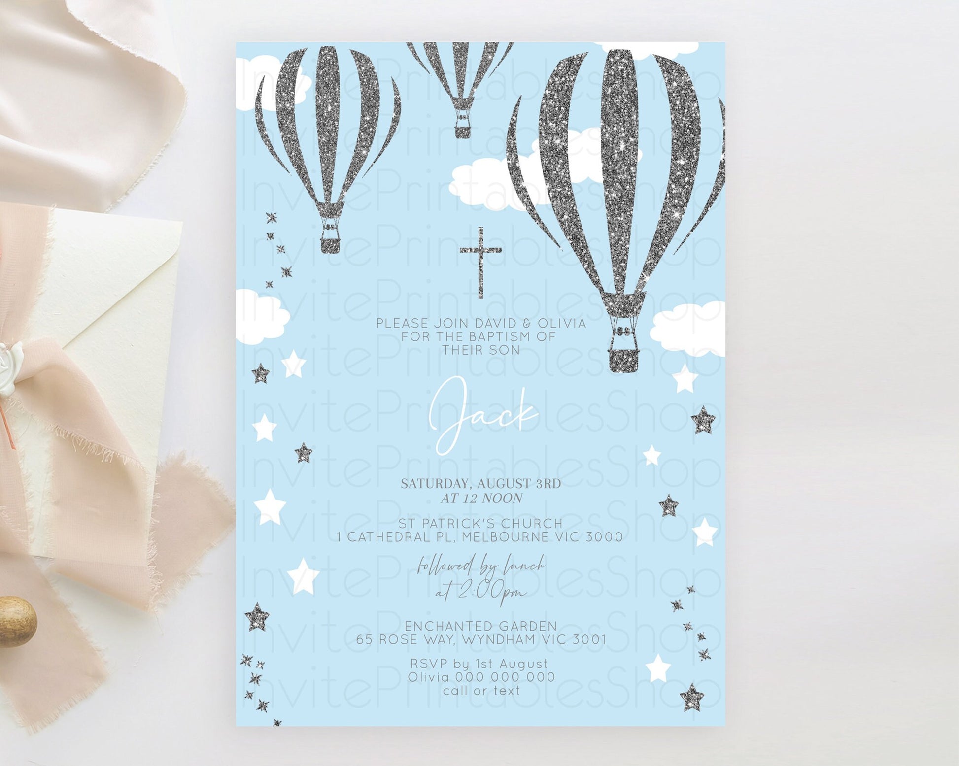 Editable Hot Air Balloon Baptism Invitation Hot Air Balloon Baptism Birthday
