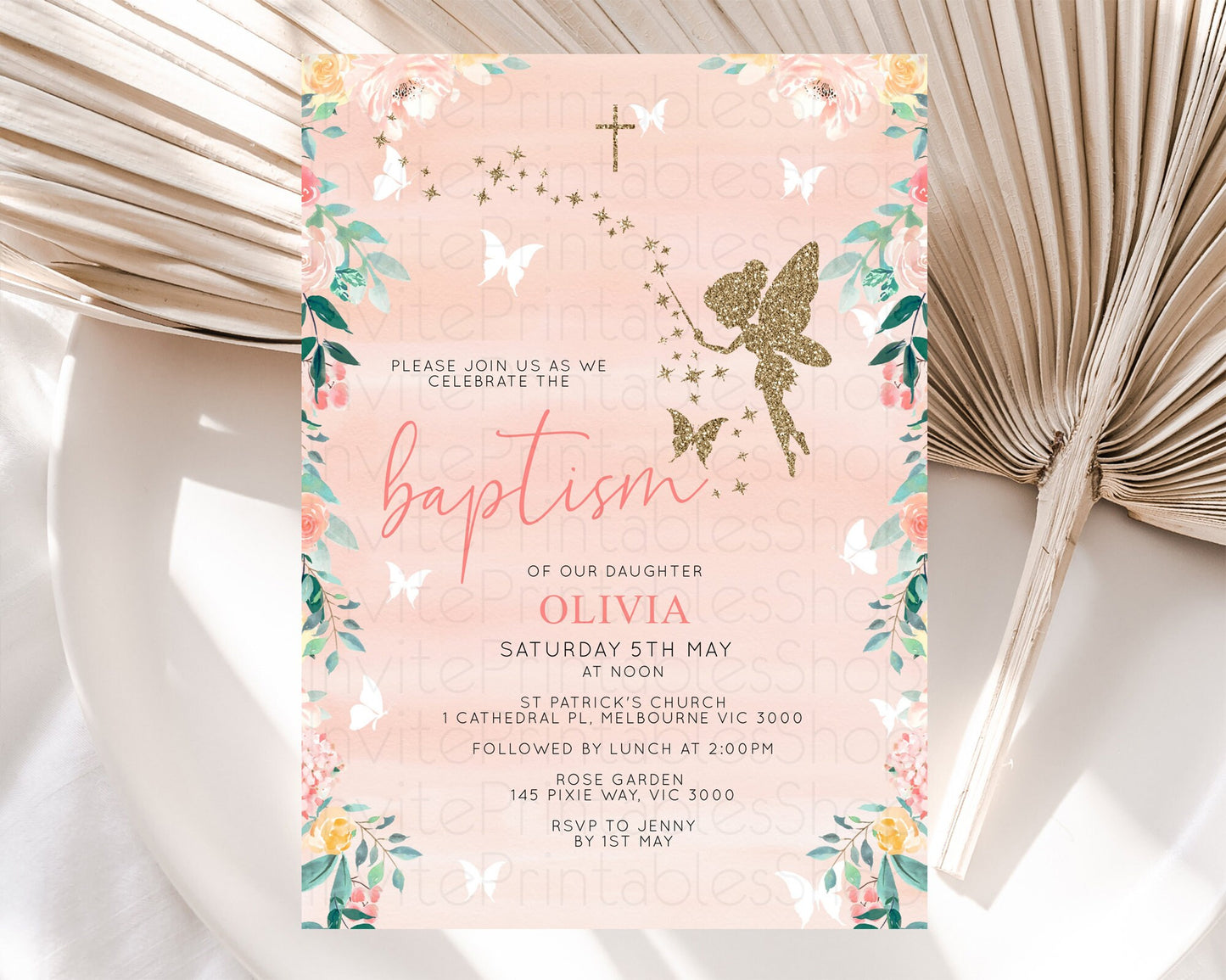 Fairy Baptism Invitation Fairy Baptism 1st Birthday Invitation Enchanted Secret Garden Christening Invite Pastel Floral Butterfly D10792