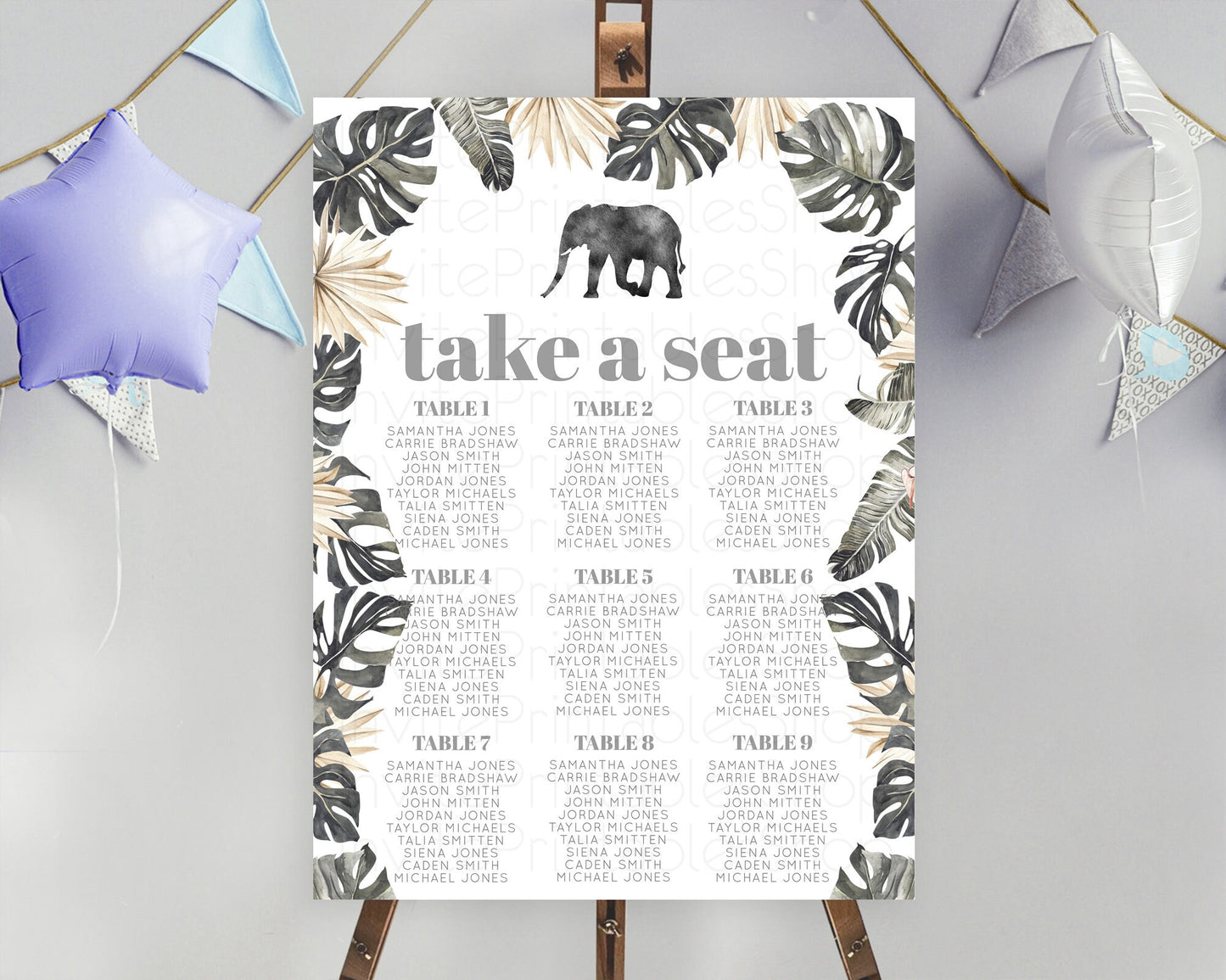 Elephant Seating Chart Elephant Seating Sign Elephant Party Safari Adventure Elephant Take A Seat Elephant Décor Zoo Fern Palm Leaf D10803