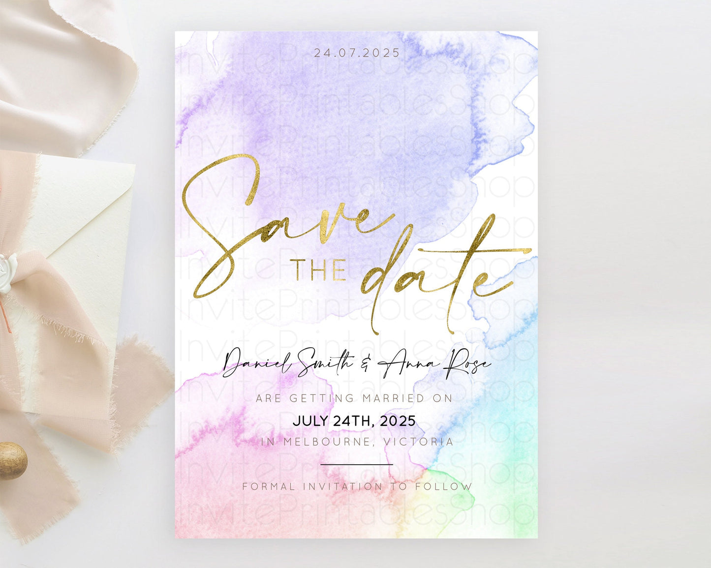 Pastel Save The Date Template Pastel Ombre Rainbow Watercolor Colorful Party For Birthday Baptism Baby Shower Wedding Bridal Shower D10215