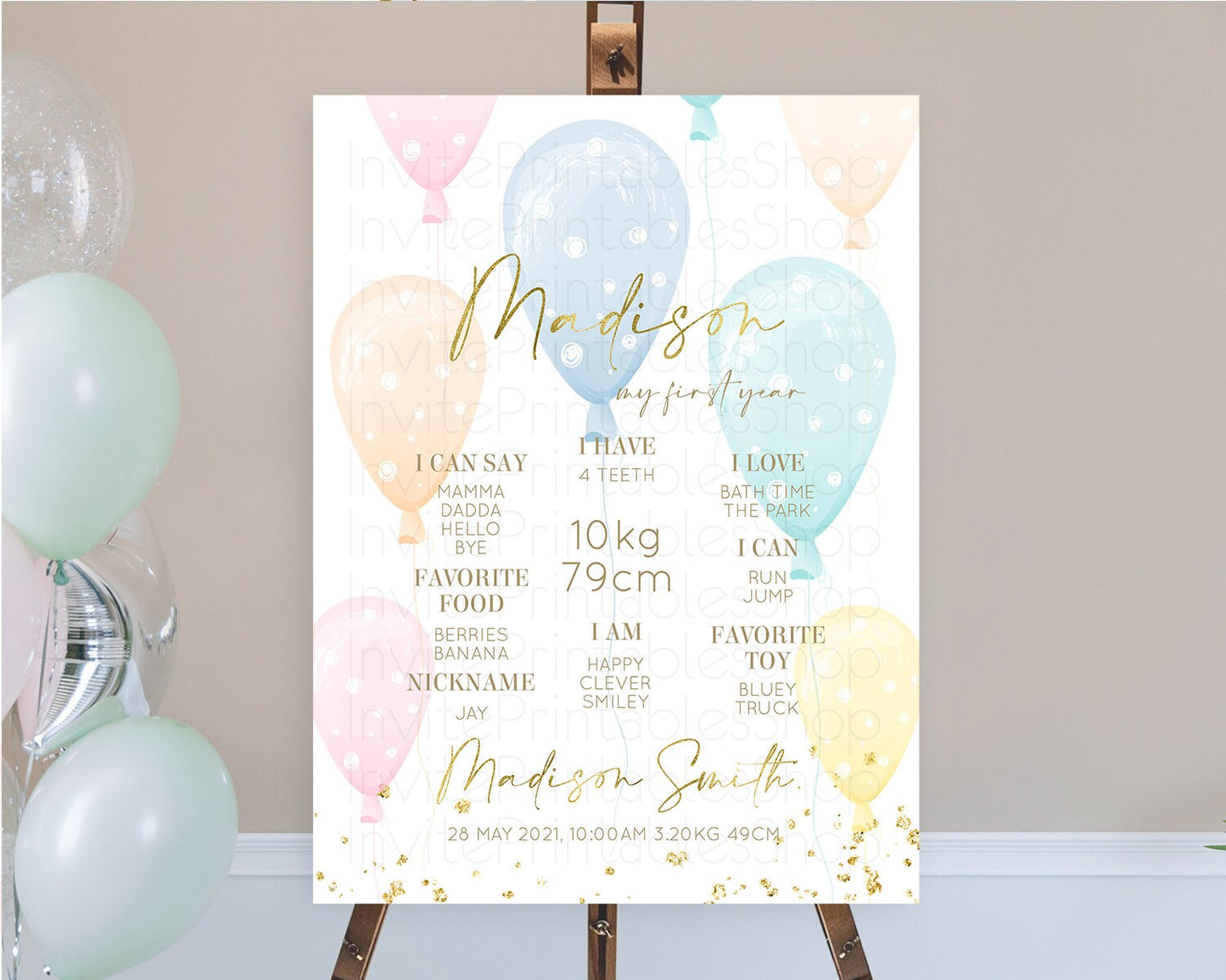 Pastel Balloons First Birthday Milestone Board Colorful Balloon Milestone Poster Rainbow Balloon Confetti 1st Birthday Welcome Sign D10182