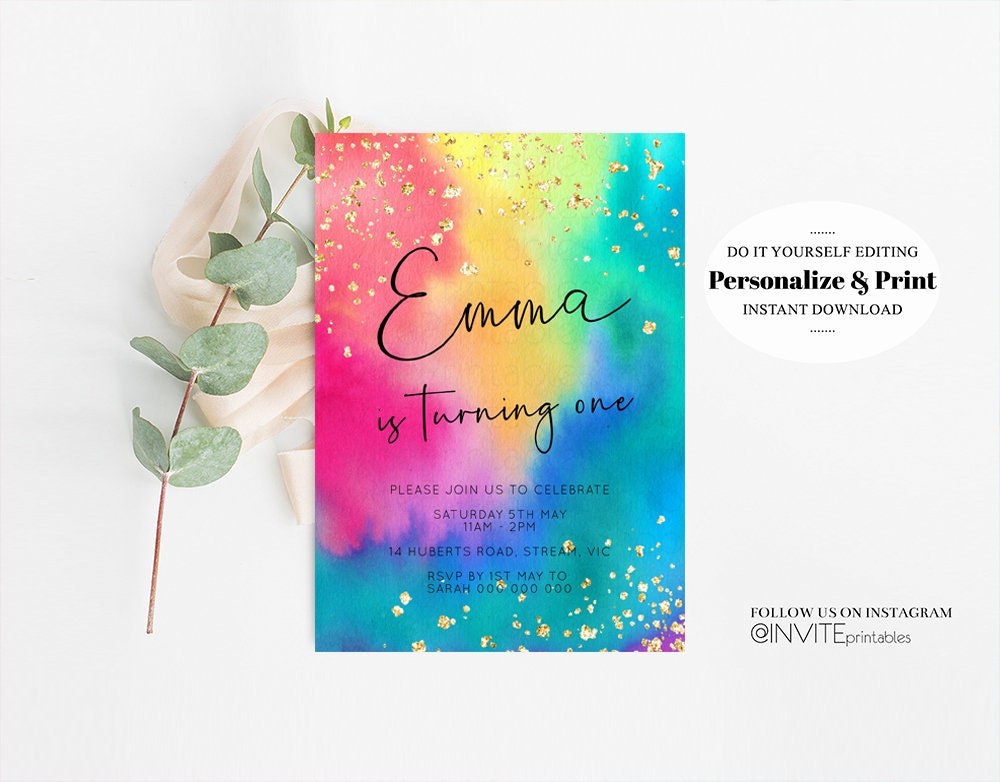 Tie Dye Rainbow Birthday Invitation Ombre Pastel Invitation Colorful Watercolor Splash Gold Glitter Sprinkles Printable Digital Invite