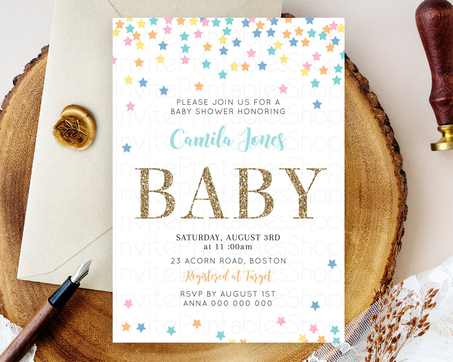 Twinkle Star Baby Shower Invitation Pastel Baby Shower Invitation Rainbow Confetti & Colorful Stars Pink, Blue, Green, Yellow, Orange D10298