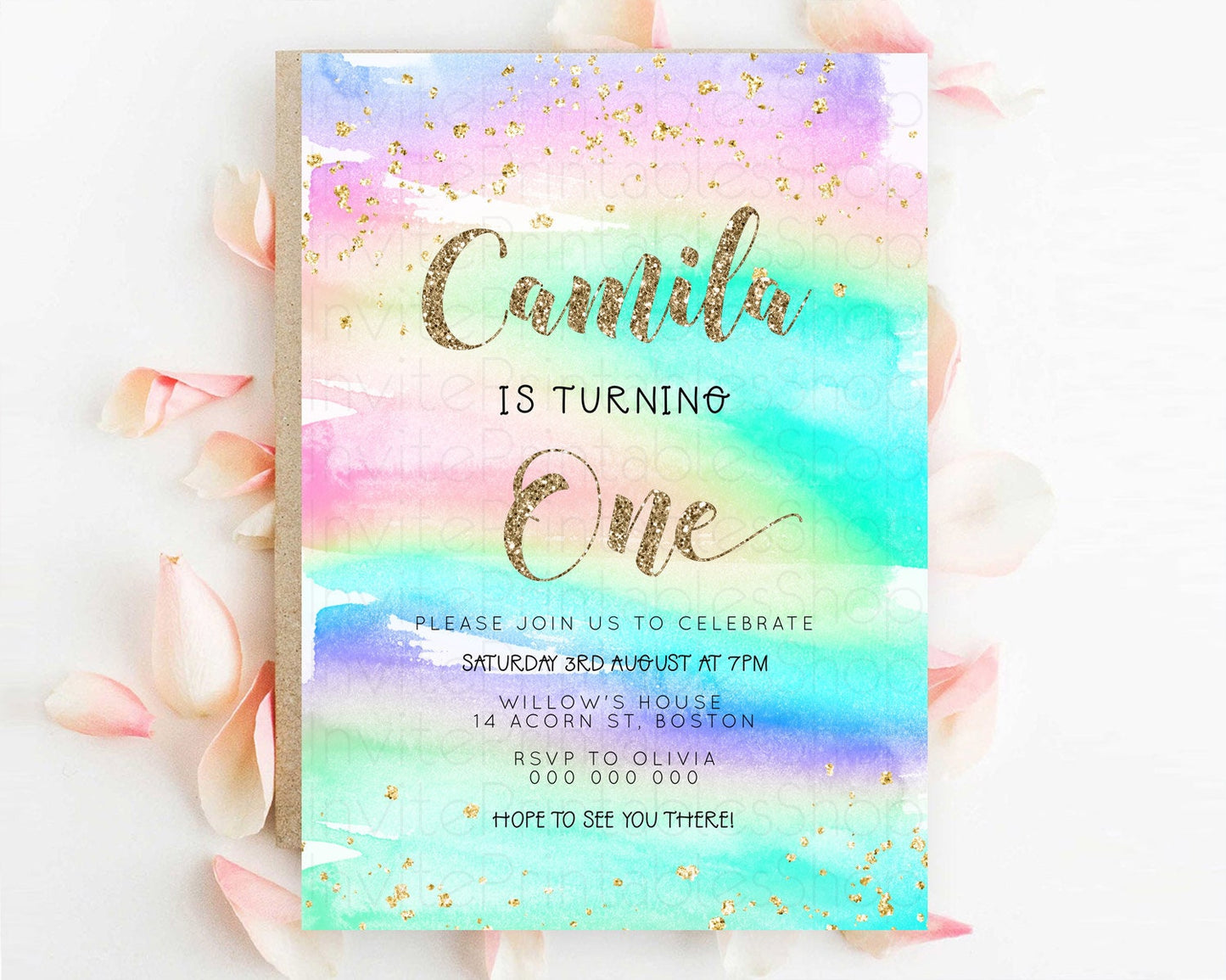 Rainbow Birthday Invitation Colorful Pastel Watercolor Invitation Gold Glitter Sprinkles Ombre Pastel 1st 2nd 3rd Birthday D23261