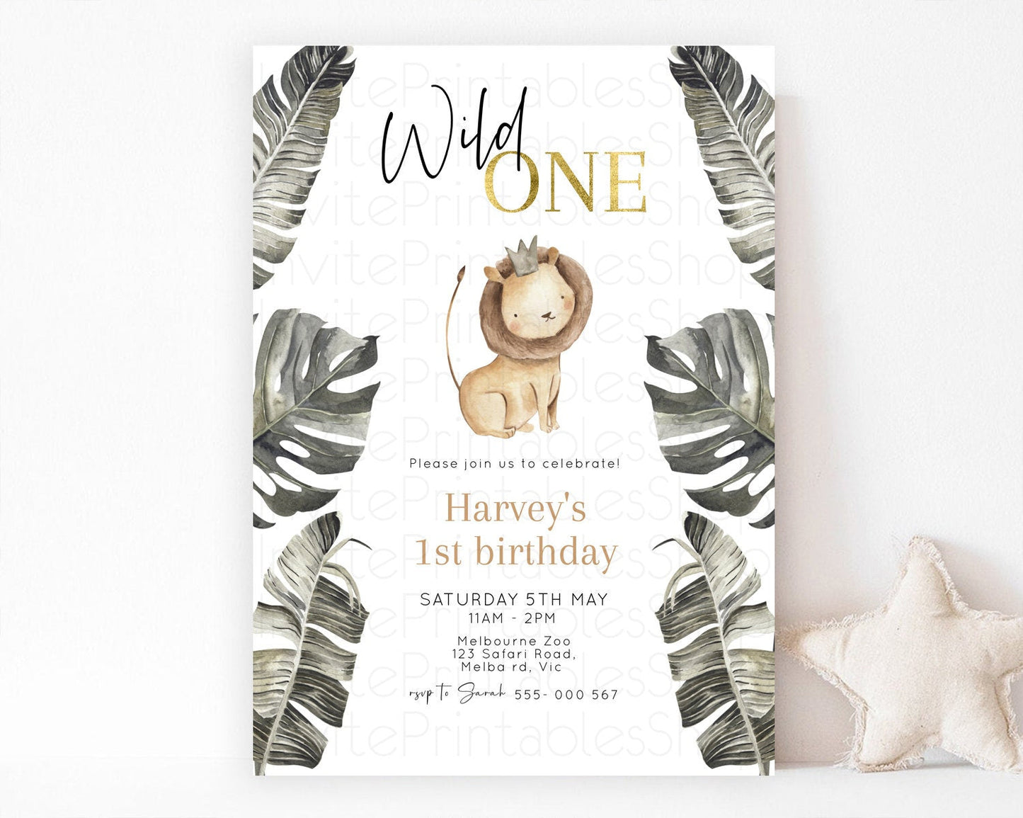 Safari Birthday Invitation Lion Gorilla Elephant Rhino Tropical Palm Jungle Safari Adventure Zoo Party Animal 2nd 1st First Birthday D10599