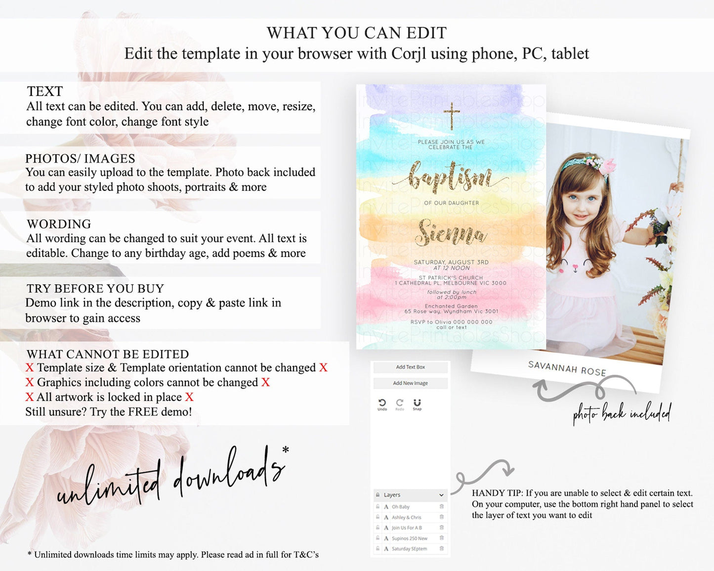 Pastel Baptism Invitation Pastel Colors Watercolor Baptism 1st Birthday Party Gold Ombre Pastel Rainbow Christening Holy Communion D10508