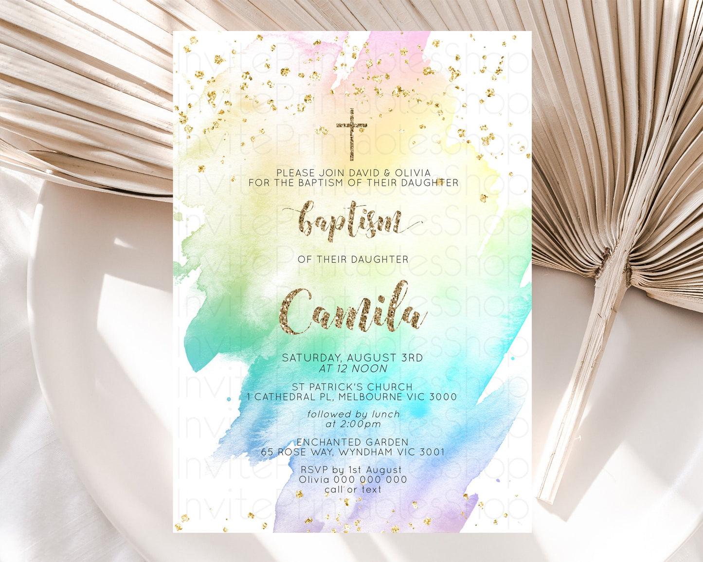 Pastel Baptism Invitation Pastel Colors Watercolor Baptism 1st Birthday Party Gold Ombre Pastel Rainbow Christening Holy Communion D10259